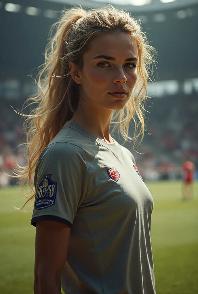 hyperrealism, (photorealistic:1.2), (photorealistic light:1.3), masterpiece, best quality, perfect detail, professional photo, realistic photo, raw photo, realistic style, detailed face, young girl, blonde, beautiful face, ponytail, fitness build , ((soccer uniform)), T-shirt and shorts, standing on a stadium, looking at the viuwer