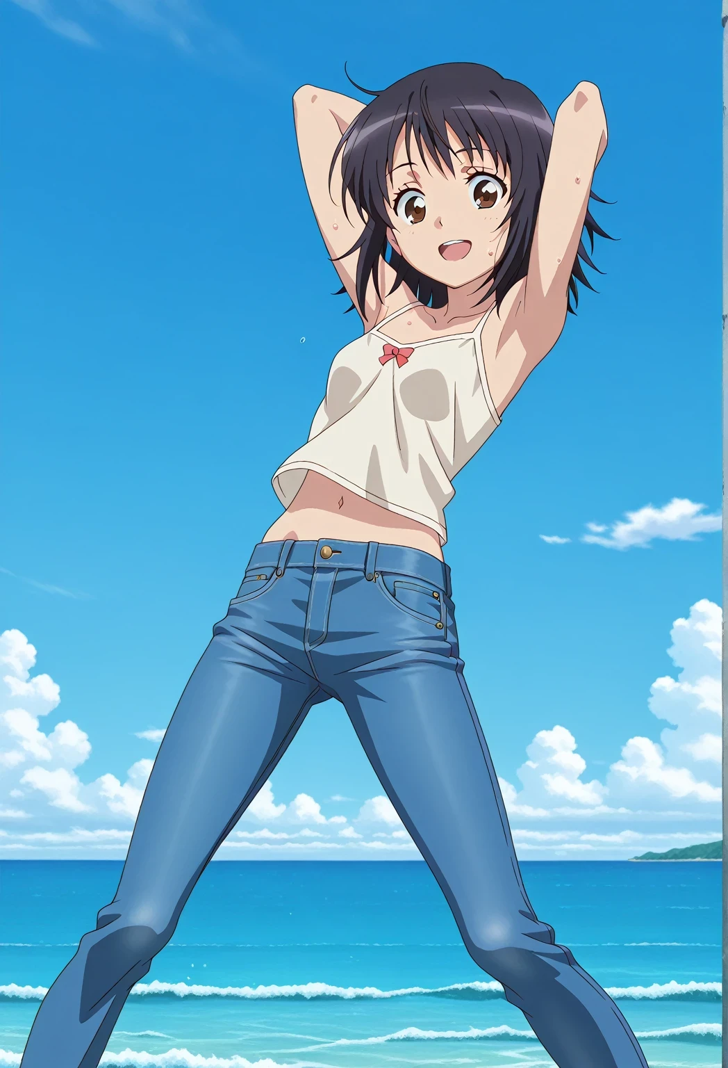 score_9, score_8_up, score_7_up, source_anime, highres, hi res, ((best quality, top quality, perfect quality, Highest Quality, amazing quality)), {{masterpiece}}, {{an extremely delicate and beautiful}}, 2d, intricate details, official style, anime, 8k, anime style, official_anime, official art, digital painting, cell shading, soft shading, high resolution, soothing tones, Subdued Color, Soft cinematic light, adobe lightroom, photolab, HDR, intricately and hyper-detailed, ((high quality animation)), 1 girl, Alone, solo, ((ocean)), tsunami, on the water, day, sunny, outdoors, sky, windy, Mitsuha Miyamizu, Your Name, medium hair, black hair, brown eyes, anime coloring, anime screencap, small breasts, light beige camisole top, crop top, light beige crop top, best quality, hyper-detailed jeans, ((blue jeans:1.9)), (dark blue jeans:0.6), medium body, medium shot, Open mouth, small smile, sweat, standing, hyper-detailed arms, ((arms behind head:6.0)), ((perfect arm line:3.5)), ((hyper-detailed arms:2.5)), balance arm, raise elbows, bowlegged, natural stand pose, action, looking at viewer, spread legs, Bend knees slightly, from below