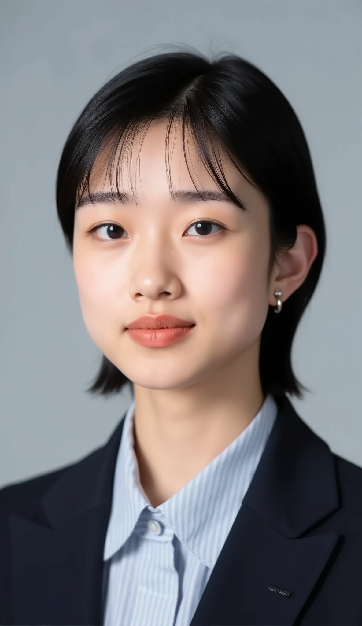 Passport photo of a neat young woman、facing directly、camera list、office lady suit、jacket、shirt、、、ear piercings、前髪あり、、、無表情、、、has closed its mouth、face close-up、grey background
