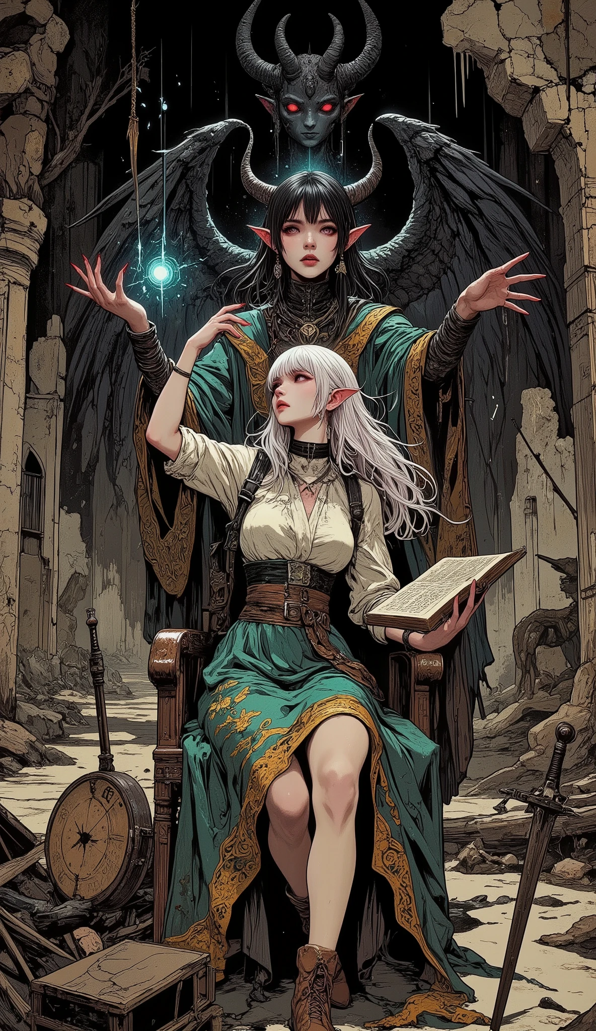 (A digital art piece blending ukiyo-e with dark fantasy, creating an aesthetic and gothic style. The face is rendered in meticulous detail. The composition features a woman and the ceiling viewed from a low angle, looking up diagonally from the floor. The scene depicts the Queen of Succubi confronting a female cleric elf.) BREAK
(The ruins of a desolate pagan temple in medieval Middle East. A dark, decaying chapel with deep shadows. An eerie, gloomy throne of the demon king carved with a massive idol of a demon. The Queen of Succubi sits upon the high backrest, her cold gaze fixed. She rests one hand on the throne's back, touching her own lips with the fingertips of the other hand. The Succubus Queen has long, wet black hair, eyes glowing red, and a pair of large, raven-like wings spread across her back. Red, pointed claws.) BREAK
(A young dark elf cleric stands with her back turned, twisting her body to look up at the Succubus Queen. She stands with legs apart, braced, holding an open Bible in one hand and a dagger emitting a sacred blue light in the other. She extends both hands toward the Succubus Queen, shouting an exorcism spell. Her long white hair billows dramatically.) BREAK
(The young dark elf cleric has pure white hair, a blunt fringe, long flowing locks, long white lower lashes, lavender eyes, thick dark eyeliner, and small pink lips.) BREAK
(The young dark elf cleric wears a medieval Spanish-style white blouse, a tunic embroidered with yellow floral patterns on green velvet, and a short wrap skirt made of green lace fabric with orange trim. A wide strip of bright blue silk is wrapped around her waist. She wears soft brown leather boots with knee-length turn-ups and drapes a thin white silk cape over her shoulders.)