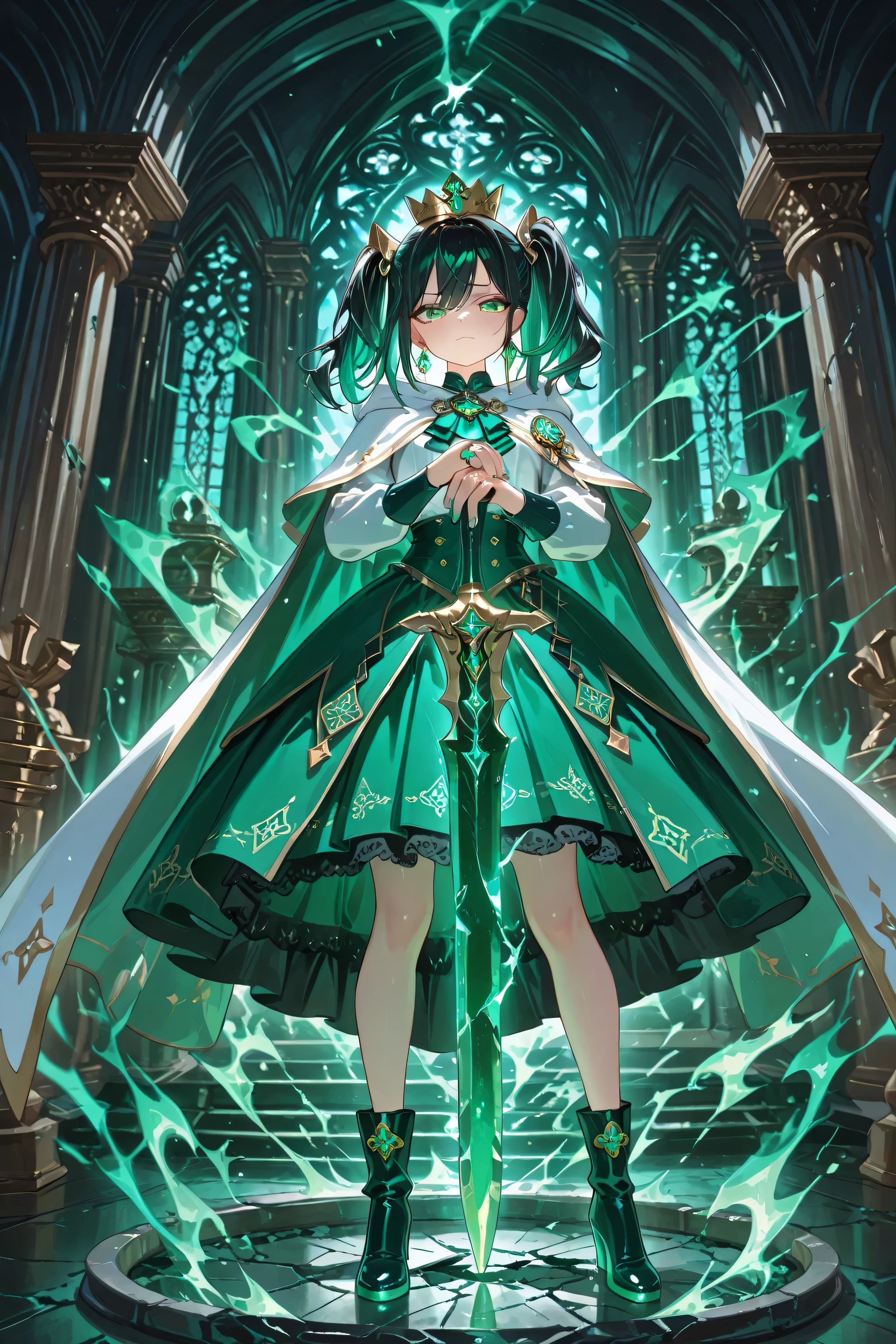 ((detailing)), (8K Ultra HD), (masterpiece), (extremely detailed), (best illustration), lighting, detailed brightness, (well-defined eyes, extremely detailed 8K HD), (accurate ), (five fingers on each hand, detailed 8K HD), (eyes 8K HD), (defined face 8K HD), (two legs).
A magical girl dressed in a modified school uniform, with details borrowed from other magical girls. Her black hair with green streaks glows like contained flames. She holds a ceremonial dagger with a mirror hilt. She floats in a room of broken mirrors, where each reflection shows a different version of her. Her emerald green gaze seems to copy the viewer.
General Traits
• Height: Medium, but always appears taller when imitating someone.
• Skin: Pale, as if illuminated by jealousy. It has a cracked porcelain texture, but only visible from certain angles.
• Hair: Long, straight, and shiny black hair styled in two pigtails, with green streaks.
• Eyes: Emerald green.
Attire
• Dress: A modified school uniform, with details stolen from other magical girls: a princess sleeve, a ball gown skirt, a queen's brooch. All sewn with thread of spite.
• Cape: Made from scraps of broken mirrors and copied fabrics.
• Gloves: Black lace with sharp green nails. Each finger wears a ring with the initial of a girl she has imitated.
• Boots: Green crystal heels that crack with every step.
• Crown: Golden. It floats on her head.
• Wand: A ceremonial dagger. Before casting the spell.
• Earrings: Two glowing jade tears.
Aura and Presence
• Aura: A field of duplication.
• Stage Presence: When she appears, the lights are duplicated. • Standing in a tough, bully pose.