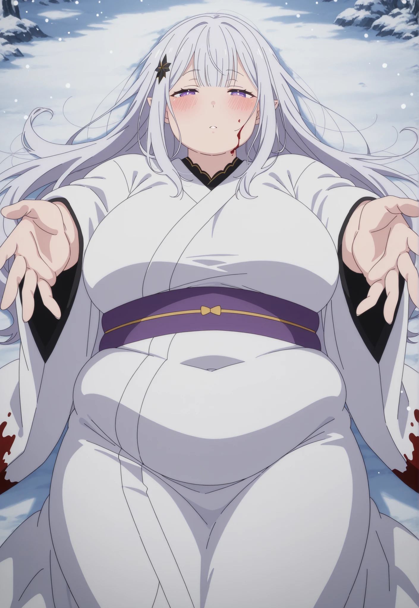 fat,chubby,plump,WeightChubby,newest , masterpiece , anime screencap , anime coloring , adult ReZero, Solo, long dress, Satella, Anime, 1girl, Mature Female, pointy ears, hair ornament, blush, silver hair, long hair, big breasts, view detailed body, Curvy, japanese clothes, white kimono, lying, blood on face , blood on clothes , day , lying , half-closed_eyes , snowing , outstretched arms , reaching towards viewer ,