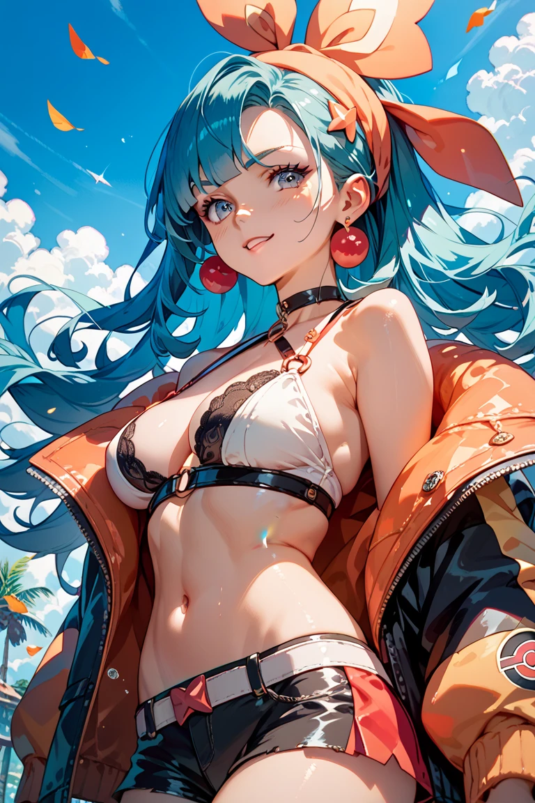 Ultra-high definition 2D art, close-up (1 woman), light blue hair, 2D animation style, soft and delicate depiction, attention also on her full-body tattoos (full-body art), landscape mode, masterpieces by Guweiz and James Jean, tattoo expert designs by CGSCOSITY, etc. A beautiful blue-haired girl who became a hot topic at the trend art station of Japan.