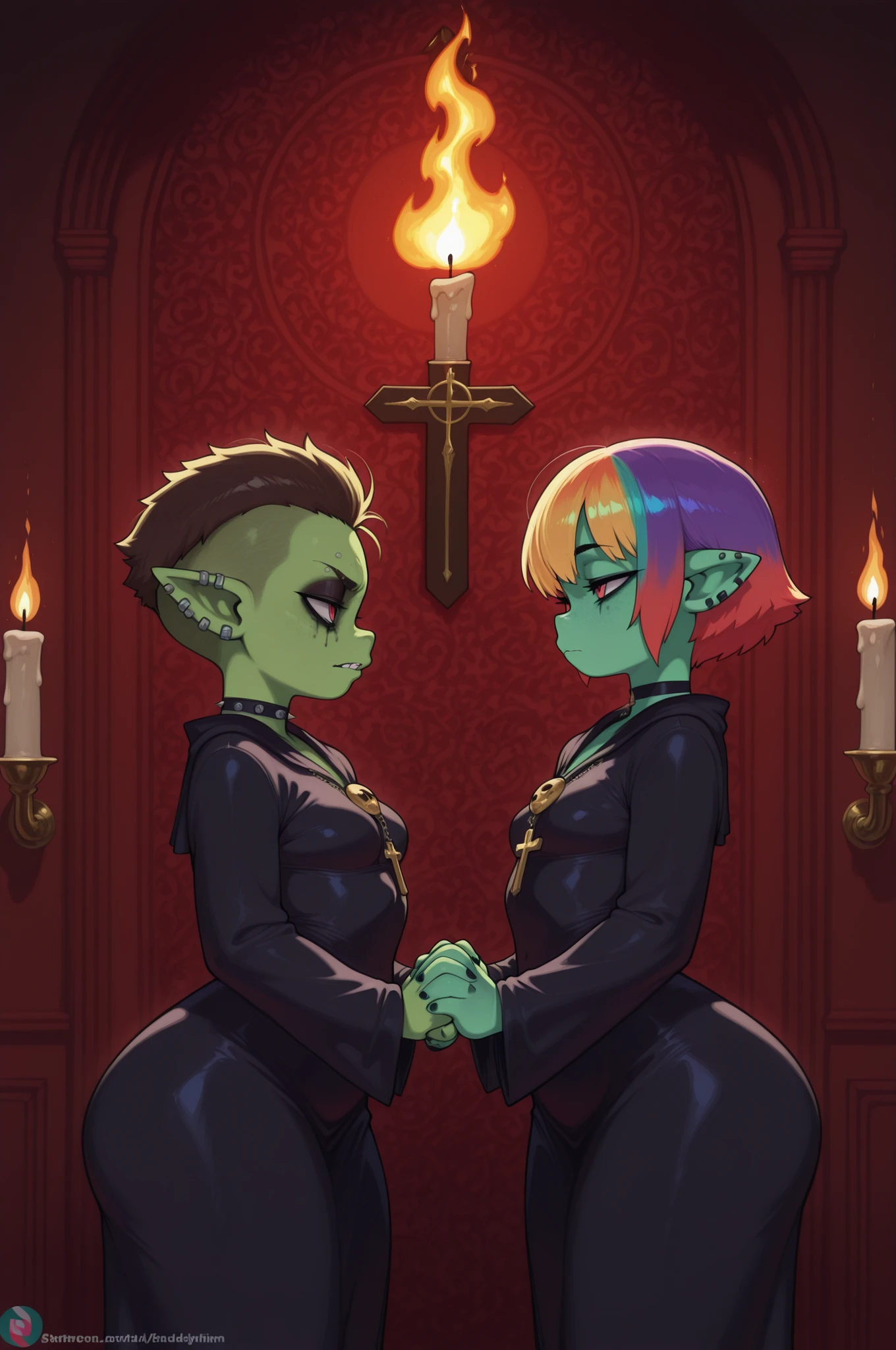 female punk, rainbow colors hair, black eye , facial piercings, eye makeup, small , meduim , (goblin femboy:1.0) (shortstack:1.0) (green skin:1.0) (pointy ears:1.0) (wide :1.0) boy. crossdressing, femboy. medium , very short hair. Bouffant. femboy. choker.| Exorcist in dramatic scene, male and female figures in long non‑transparent robes (ecclesiastical/mystical attire), candlelit chamber with ancient symbols on walls, intense spiritual confrontation, swirling dark energy vs radiant light, hands clasped in prayer, eyes glowing with inner fire, ornate crucifix and holy texts, smoke and ethereal mists, contrast of shadow and divine light, stern yet compassionate expressions, detailed fabric textures with folds and movement, gothic architectural elements, flickering candle flames, atmospheric tension, photorealistic style, 8k resolution, cinematic lighting, deep shadows and radiant highlights, professional composition, mystical ambiance, emotional intensity, best quality, focus on spiritual struggle and duality of grace and wrath.