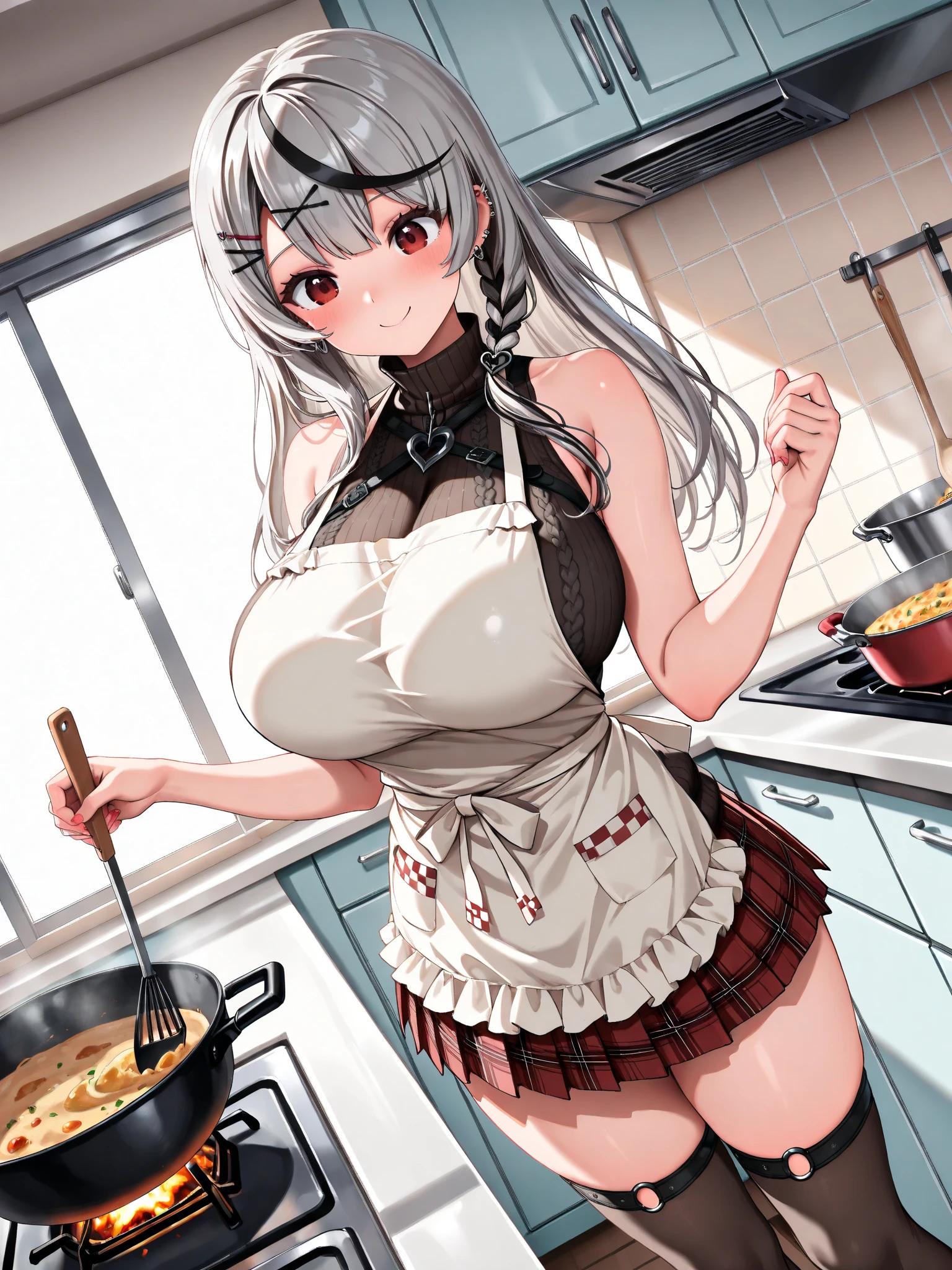 beautiful mature woman, (blush), show her thighs and shoulders, plump body, big breasts, Wear an apron, human wife, in the kitchen, (kneel on the ground).
