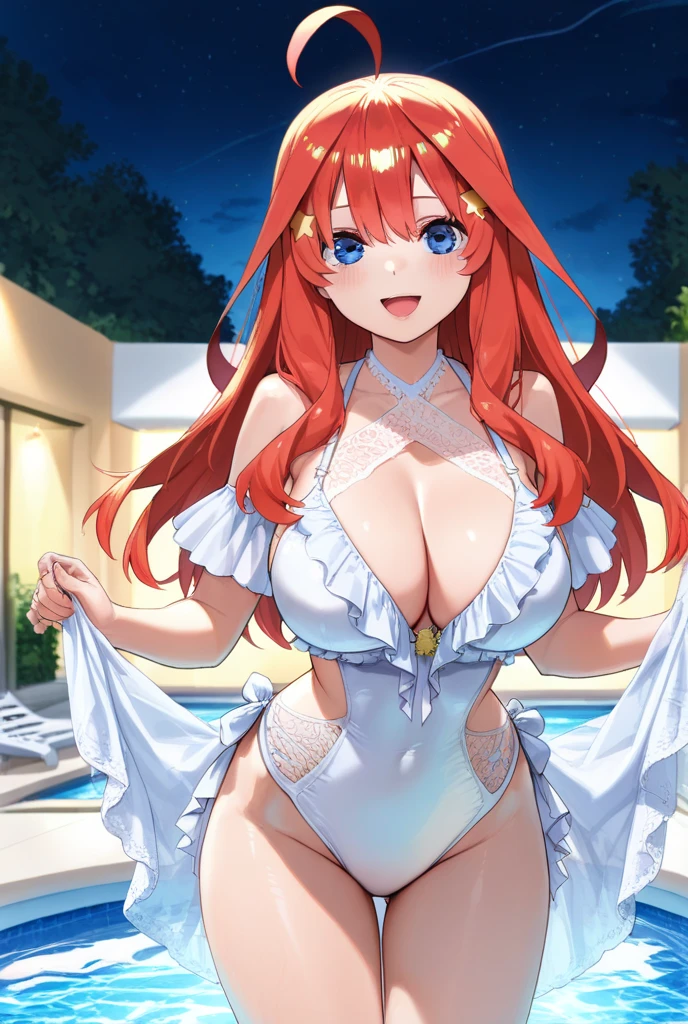 Itsuki Nakano、long red hair、Star-shaped hair ornament、Ahoge、huge ???、(bra very、pantiy)、(red blush:1)、is standing、耳?????? Ring、a smile、(A ????)