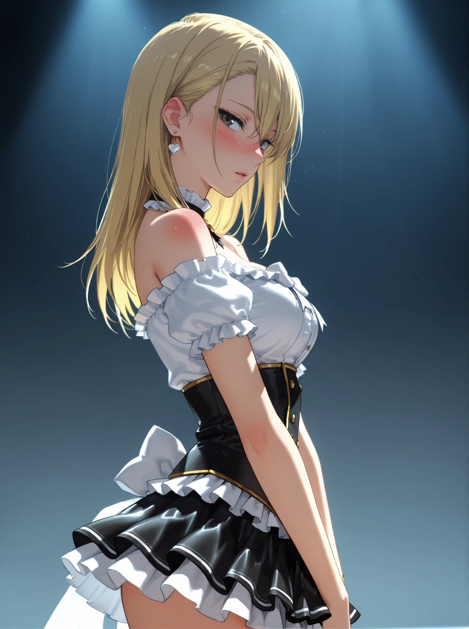 masterpiece, High Quality, ultra detailed, beautiful detailed face, anime, ultra high resolution, 8K, Alone, , slender, medium breasts, idol costume, off-the-shoulder blouse, Miniskirt, highly detailed skin Blush, seductive eyes, spectator watching, Standing, from the side, upper body,
