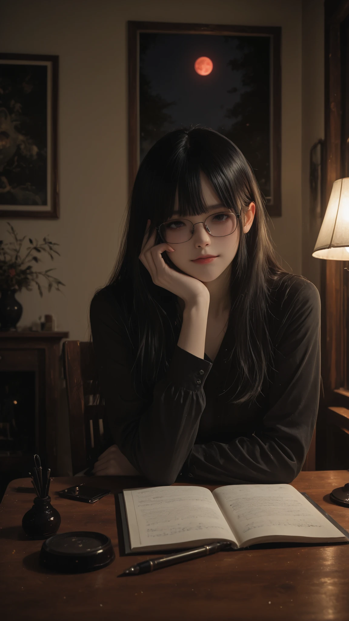 ultra quality 8 k. High quality. movie shadows. A girl is sitting in a chair at a table. on the table is a manuscript, ink and pen. a girl with long black hair.girl with a very beautiful appearance. perfect detail. hands on a high quality table. the girl's figure is perfect.  in glasses. There is a lamp on the table. The light is dim. in the room window. in the window a full blood moon. 