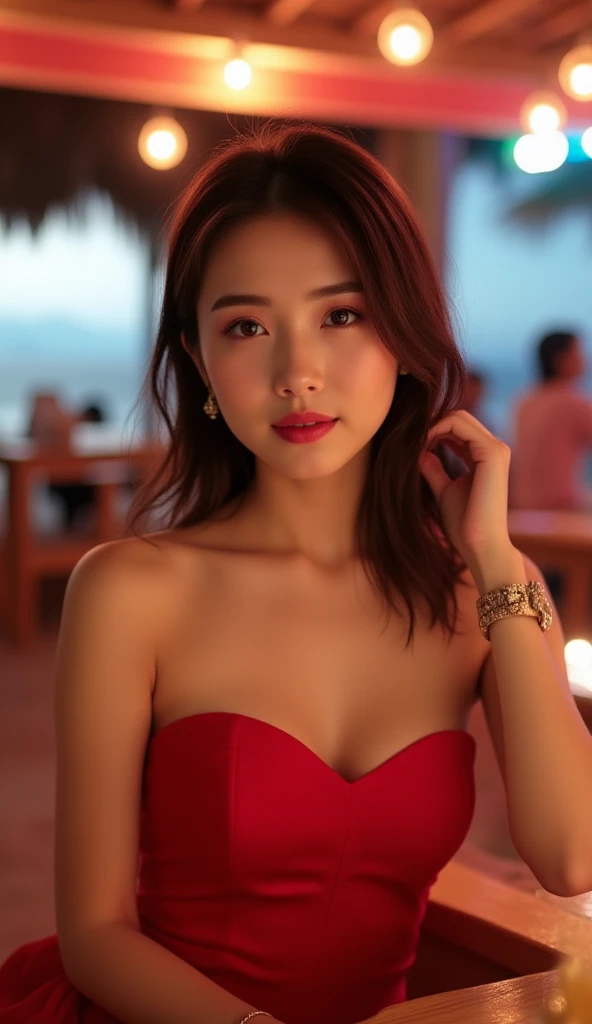 close-up of beautiful korean female, 34 inch breasts size, wearing red crop tank top, at the ferry pier, bokeh background, night, UHD