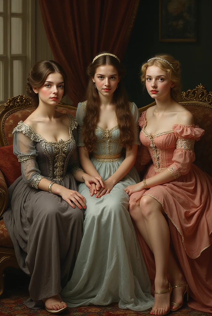 Three royal sisters (17th Century Legalism) girl with blond hair, one with dark brown hair and one with dark brown hair (They all changed their blue eyes.)