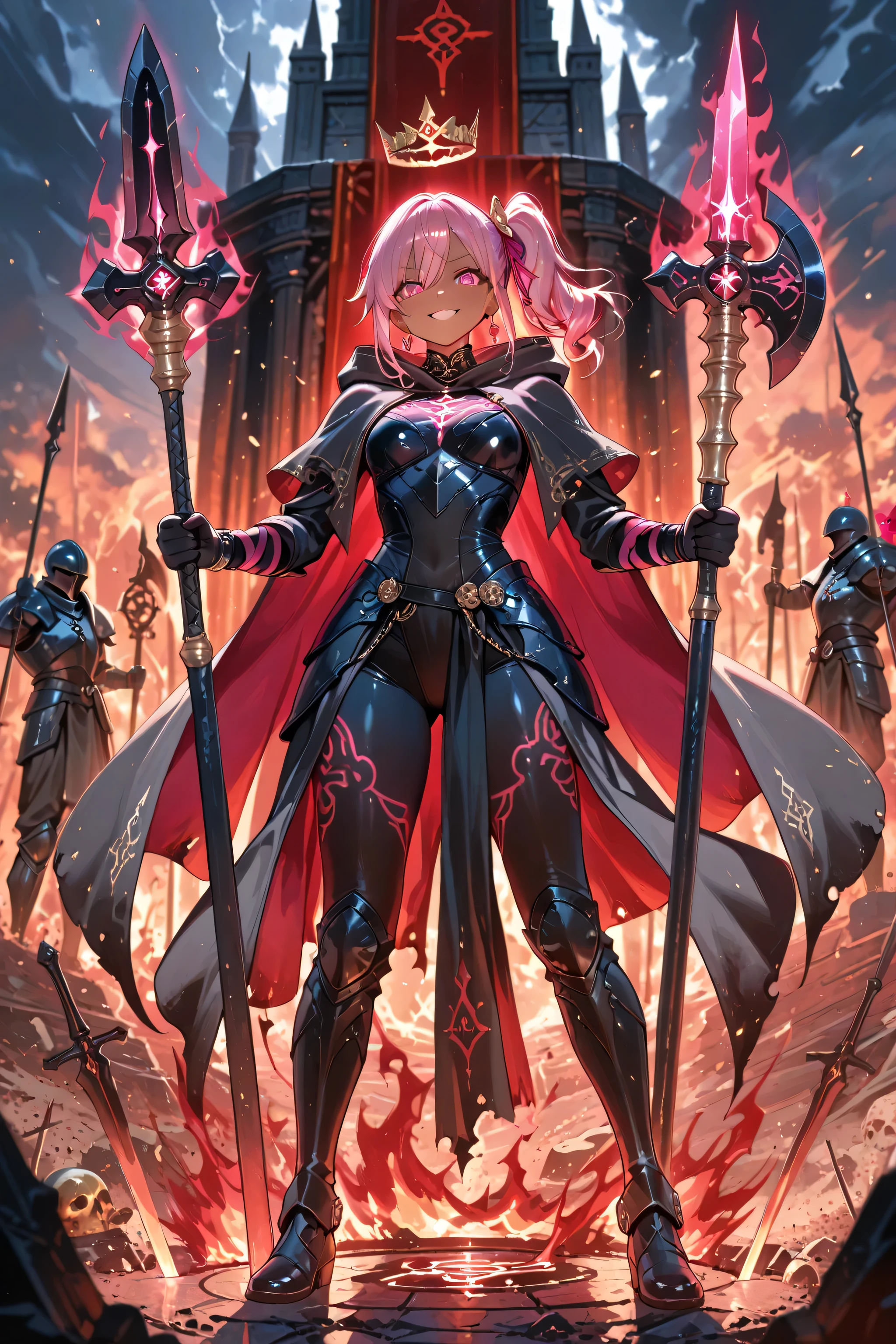 ((detailing)), (8K Ultra HD), (masterpiece), (extremely detailed), (best illustration), lighting, detailed brightness, (well-defined eyes, extremely detailed 8K HD), (accurate ), (five fingers on each hand, detailed 8K HD), (eyes 8K HD), (defined face 8K HD), (two legs).

A dark-haired magical girl in incandescent black armor wears a full  underneath. She is enveloped in liquid fire. She floats above a ruined battlefield, her old, tattered cloak riddled with holes, ashes suspended in the air, and magical tattoos glowing on her arms. Her aura distorts the air like a heat wave.

General Traits
• Very dark skin.

• Hot pink hair, curly and wild, with a pink ribbon in her hair, styled in a side ponytail, but with loose strands always present.

• Eyes: Intense red. When she is enraged, her eyes leave a trail of light like floating embers.

Attire
• Light Armor: Made of black plates. On the , he bears the symbol of his people.

• Full : Of tattered fabric with red embroidered war runes.

• Cloak: Made of suspended ashes.

Weapon
• He wields an enchanted axe with an elongated handle in both hands. Double-edged, the handle is wrapped in burnt bandages, and the blade glows with liquid fire.

Accessories
• Golden Crown.

• Earrings: Two small obsidian skulls that vibrate with his rage.

• Bracelets: Made of broken chains, each link represents a betrayed promise.

• Magical Tattoos: On his arms and back, red lines that ignite when he enters combat. They are ritual scars that tell his story.

Aura and Presence
• Aura: A field of heat and pressure. The air vibrates around him.

• Stage Presence: When he appears, the ground trembles. The lights flicker. And the silence is broken by a roar that doesn't come from her mouth… but from her story.

• Standing in a tough, bully pose, smiling sadistically.
