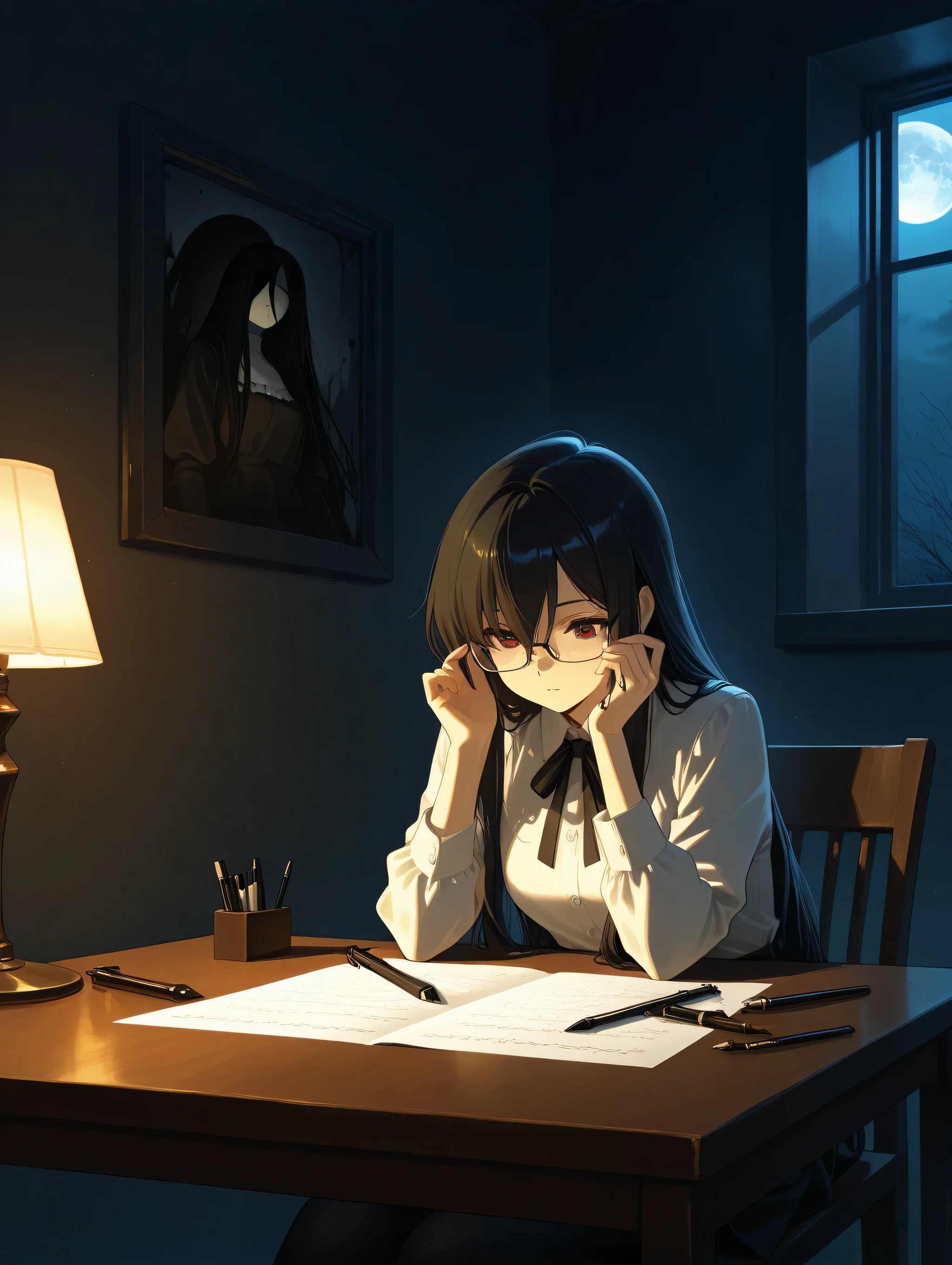 ultra quality 8 k. High quality. movie shadows. A girl is sitting in a chair at a table. on the table is a manuscript, ink and pen. a girl with long black hair.girl with a very beautiful appearance. perfect detail. hands on a high quality table. the girl's figure is perfect. in glasses. There is a lamp on the table. The light is dim. in the room window. in the window a full blood moon.