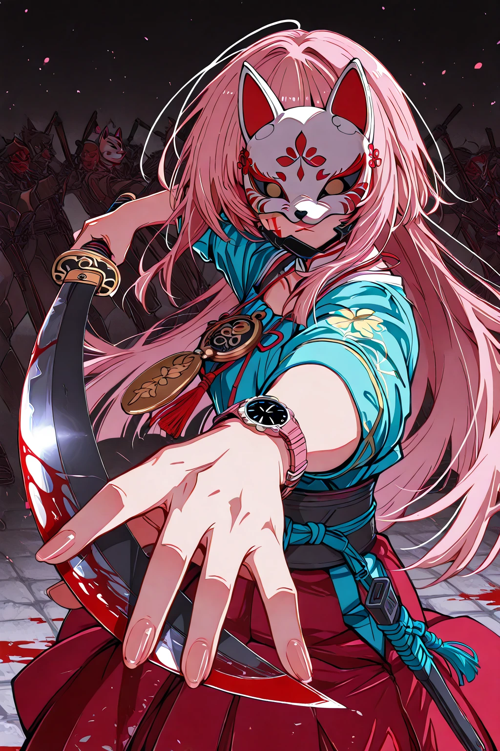 masterpiece, highest quality, A full-body illustration from the front. The main character is a girl in traditional Japanese clothing, with long pink hair and a hair ornament. She holds a sword and has a huge, menacing spirit behind her, wearing elaborate armor with a terrifying expression. Green smoke swirls around them. The girl's kimono has a delicate red pattern on a black background, and her eyes are a vibrant green, matching the aura of the spirit. The overall scene is dynamic and vivid, with a mysterious and otherworldly atmosphere.