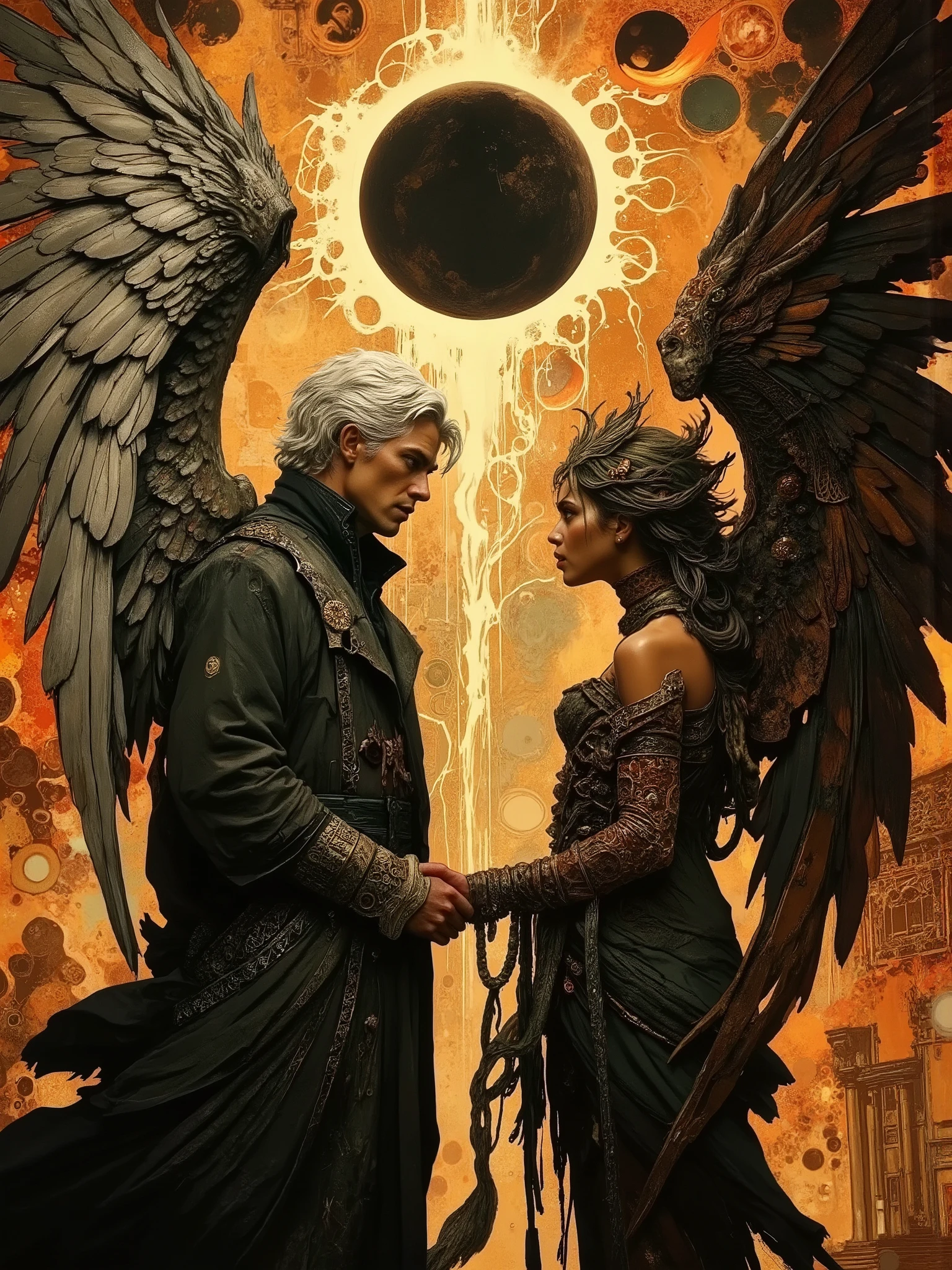 (masterpiece),(Highest quality),(Super detailed),(Ultra-high resolution) , (Best illustrations), 32k, an ancient luxurious temple,dynamic lights, shiny, glitter
Done in a balanced and vivid impressionist style symbolizing harmony of opposites ((and the search for spiritual transcendence through practicing mindfulness of self and psychological clarity, or learning philosophical reason logic and truth, as well as coming to terms with the metaphysical laws of our existence.  In a word, wholeness with the true source.))
A captivating portrait shows an angel and a demon in staring at each other and enraptured. On the left appearing 40, a handsome aquiline looking man with short stylish white hair and a wry expression wears a dark, fancy high-collared coat and other expensive but tasteful accoutrements. He has silver and white feathered wings and a faint glowing halo, symbolizing his angelic nature. On the right looking no more than 28 years old, a curvaceous lady with light brown skin of mixed race is seen wearing a roguish grin and dressed in an eclectic blend ((of street, grunge, secondhand and 1st hand designer finery and God only knows, each piece used to highlight her sensual,  nature)) that matches in some bizarre way. She has fiery raven wings, with flames rising behind her, figures are facing each other, their intense gazes creating a powerful contrast between light and darkness and a shocking truth, they long to touch one another and their look is full of love. Massive energies whirl around these 2 and the background includes a large holy edifice ancient and weathered rising up to an eclipse of the Sun which  heralds their union with a foreboding air. Done in a balanced and vivid impressionist style symbolizing harmony of opposites 


