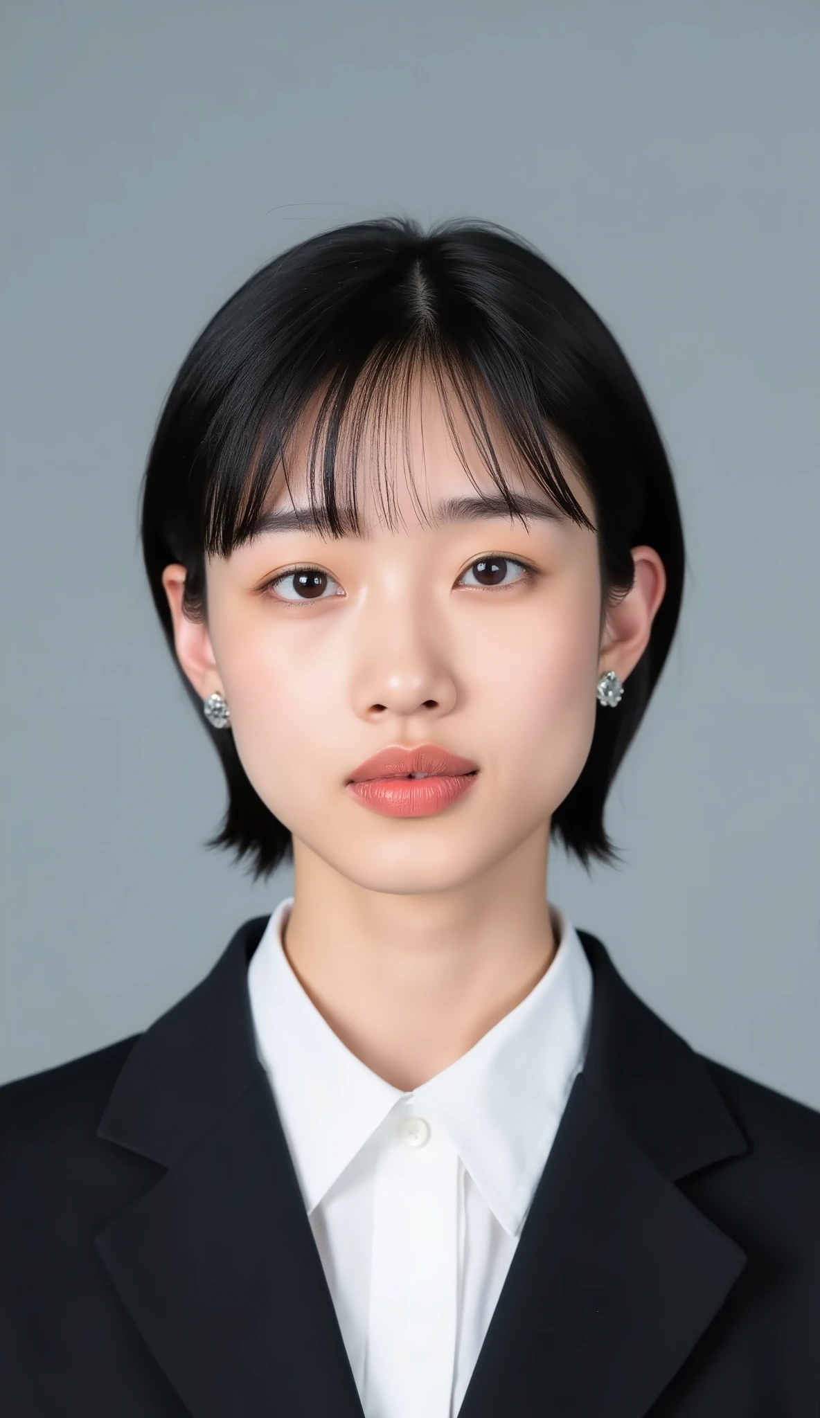 Passport photo of a neat young woman、facing directly、camera list、office lady suit、jacket、shirt、、、ear piercings、前髪あり、、、無表情、、、has closed its mouth、face close-up、grey background
