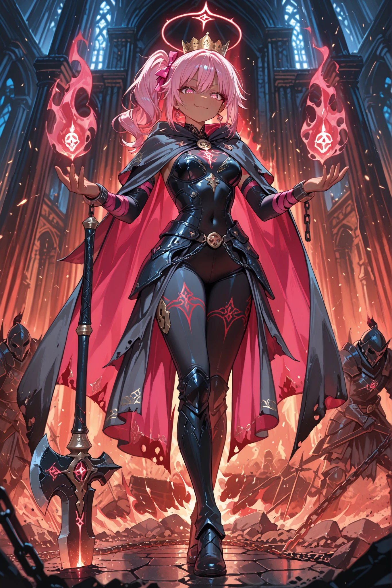 ((detailing)), (8K Ultra HD), (masterpiece), (extremely detailed), (best illustration), lighting, detailed brightness, (well-defined eyes, extremely detailed 8K HD), (accurate ), (five fingers on each hand, detailed 8K HD), (eyes 8K HD), (defined face 8K HD), (two legs).

A dark-haired magical girl in incandescent black armor wears a full  underneath. She is enveloped in liquid fire. She floats above a ruined battlefield, her old, tattered cloak riddled with holes, ashes suspended in the air, and magical tattoos glowing on her arms. Her aura distorts the air like a heat wave.

General Traits
• Very dark skin.

• Hot pink hair, curly and wild, with a pink ribbon in her hair, styled in a side ponytail, but with loose strands always present.

• Eyes: Intense red. When she is enraged, her eyes leave a trail of light like floating embers.

Attire
• Light Armor: Made of black plates. On the , he bears the symbol of his people.

• Full : Of tattered fabric with red embroidered war runes.

• Cloak: Made of suspended ashes.

Weapon
• He wields an enchanted axe with an elongated handle in both hands. Double-edged, the handle is wrapped in burnt bandages, and the blade glows with liquid fire.

Accessories
• Golden Crown.

• Earrings: Two small obsidian skulls that vibrate with his rage.

• Bracelets: Made of broken chains, each link represents a betrayed promise.

• Magical Tattoos: On his arms and back, red lines that ignite when he enters combat. They are ritual scars that tell his story.

Aura and Presence
• Aura: A field of heat and pressure. The air vibrates around him.

• Stage Presence: When he appears, the ground trembles. The lights flicker. And the silence is broken by a roar that doesn't come from her mouth… but from her story.

• Standing in a tough, bully pose, smiling sadistically.