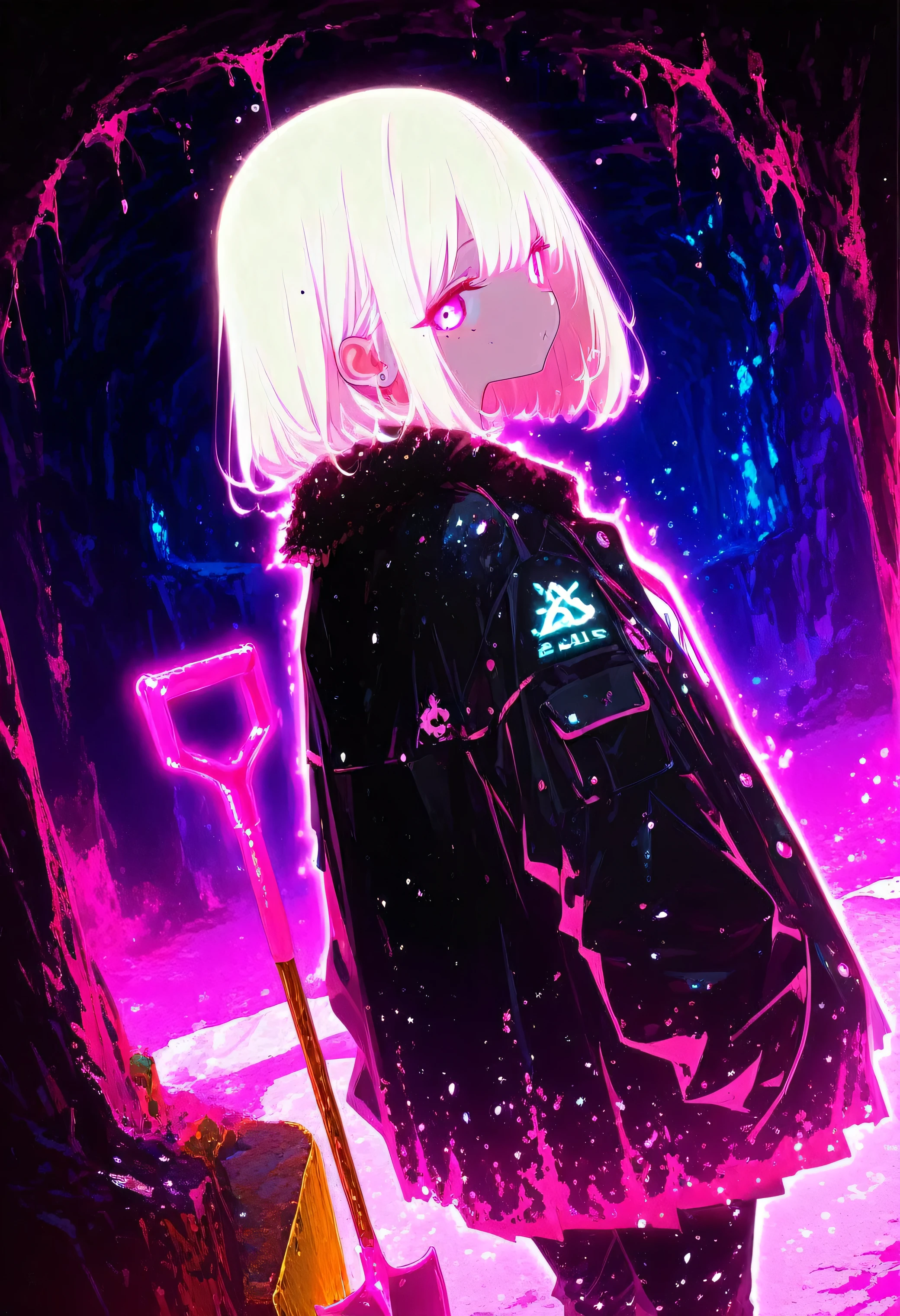masterpiece,Ultra-high resolution,rich contrast,Very high quality,8k,Highly detailed CG unit wallpaper,Texture,Incredibly absurd,RAW Photos,Highest quality anime,anime-style illustration,studio anime style,professional photograph,an extremely delicate and beautiful,Depth of written boundary1.2,dynamic angle,(from side:1.3),0__11Xx_illu,(glowing pink outline:1.3),inside a deep cave,(A pink neon-lit mole holds a large shovel and looks back curiously.:1.5),