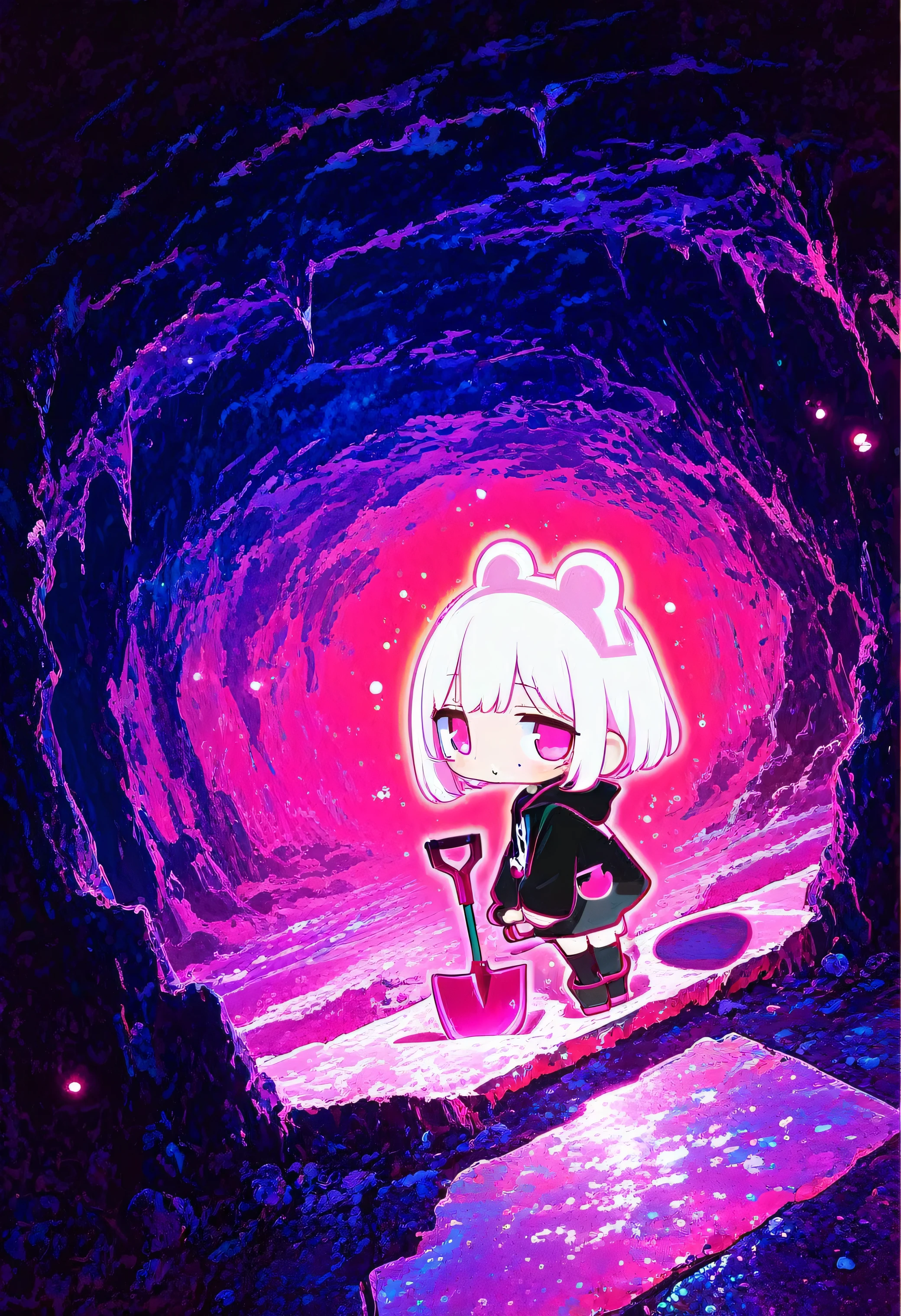 masterpiece,Ultra-high resolution,rich contrast,Very high quality,8k,Highly detailed CG unit wallpaper,Texture,Incredibly absurd,RAW Photos,Highest quality anime,anime-style illustration,studio anime style,professional photograph,an extremely delicate and beautiful,Depth of written boundary1.2,dynamic angle,(from side:1.3),0__11Xx_illu,(glowing pink outline:1.3),inside a deep cave,(A cute, deformed mole is holding a large shovel and looking back curiously.:1.5),
