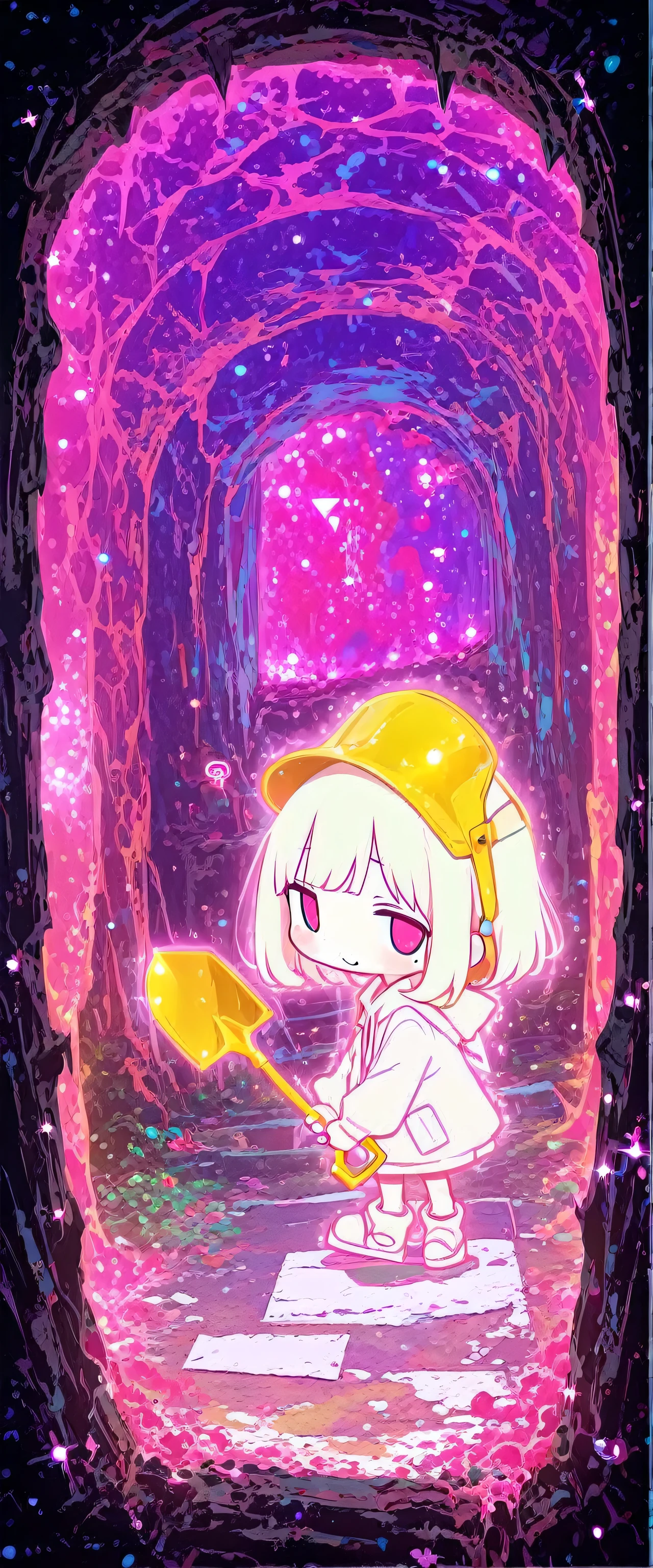 masterpiece,Ultra-high resolution,rich contrast,Very high quality,8k,Highly detailed CG unit wallpaper,Texture,Incredibly absurd,RAW Photos,Highest quality anime,anime-style illustration,studio anime style,professional photograph,an extremely delicate and beautiful,Depth of written boundary1.2,dynamic angle,(from side:1.3),0__11Xx_illu,(glowing pink outline:1.3),inside a deep cave,(A cute, deformed mole is holding a large shovel and looking back curiously.:1.5),