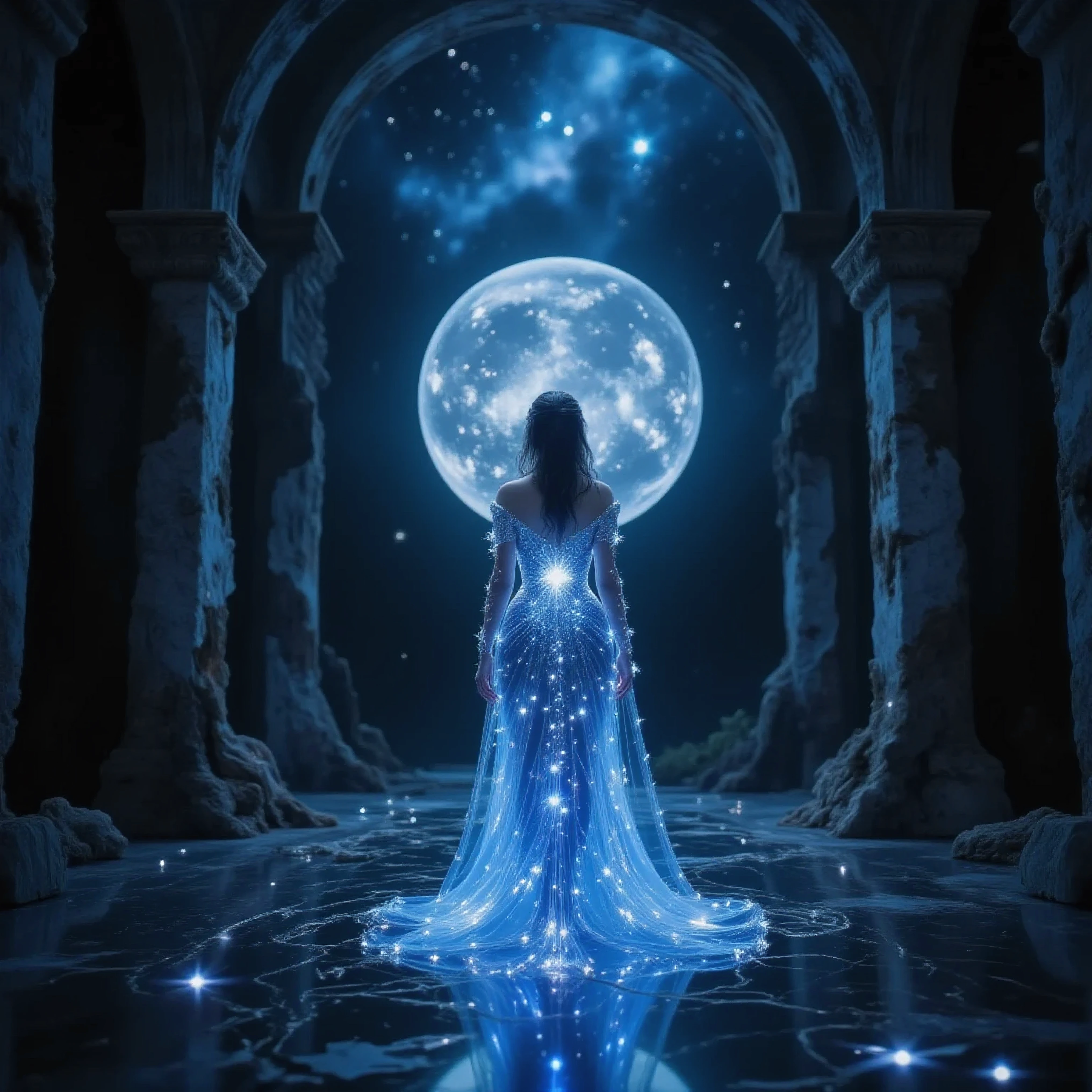 (Masterpiece, Realistic, Photorealistic: 1.2), 8K Ultra HD, RAW image, meticulous detail, ultra-high resolution, perfect structure, highest quality, detailed, soft focus,At the highest point of a once-glorious ruined castle,
a vast and weathered entrance hall stands open to the night.
Broken archways, moss-covered stone columns, and fractured marble floors whisper of an era long gone.
The cold night wind cuts through the gaps in the crumbling walls, creating a low, resonant hum throughout the structure.
At the center of this grand, decayed entrance stands a woman.
She is dressed in a gown woven from stardust, shimmering like a living constellation.
Tiny particles of light glimmer across the fabric like drifting meteor showers
Each movement sends a soft trail of falling star-dust floating behind her
The gown fades from deep midnight blue at the top to cosmic black at the hem,
forming a smooth, celestial gradient
Her dress features a luminous full moon across the bodice—
perfectly detailed with craters, ridges, and subtle shadows,
glowing gently as though she carries the real moon against her heart.
The soft moonlight she emits illuminates the stone floor and the surrounding ruined pillars, creating a sacred contrast between decay and ethereal beauty.
Behind her, through the fractured ceiling of the ruined entrance,
a massive full moon rises—
its silver light merging with the glow of her stardust gown.
The broken pillars cast long, dramatic shadows,
and her hair and gown sway with the night wind, scattering faint trails of shimmering light.
The camera approaches from behind,
capturing the reflections of moonlight scattered across the cracked stone tiles,
as though stars have fallen onto the ancient floor.
She steps forward slowly,
gazing out beyond the ruined parapets at the dark landscape spread beneath her.
A woman draped in stars and moonlight,
standing alone atop a forgotten kingdom—
a solemn and majestic movie scene blending ruin, night, and celestial brilliance.