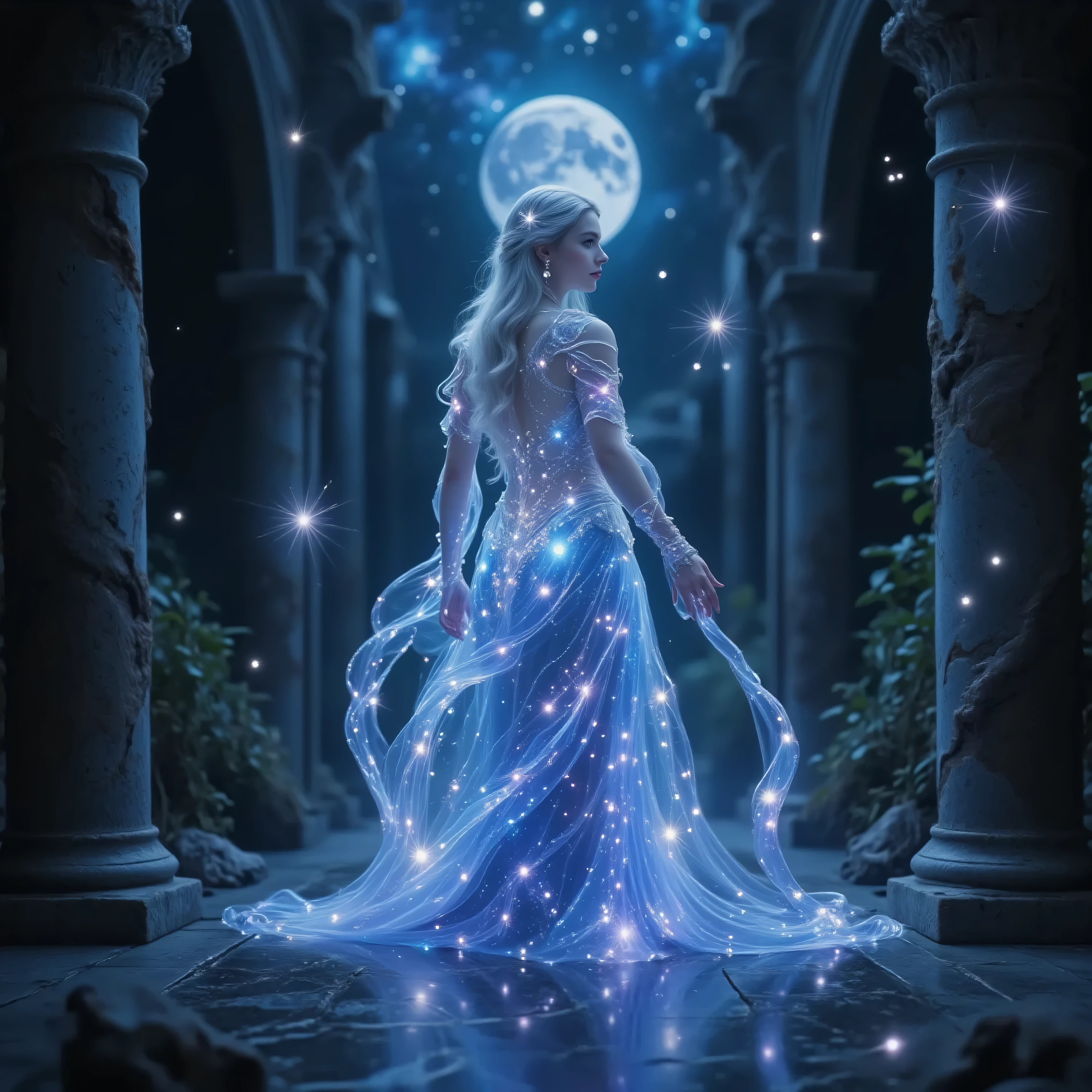 At the highest point of a once-glorious ruined castle,
a vast and weathered entrance hall stands open to the night.
Broken archways, moss-covered stone columns, and fractured marble floors whisper of an era long gone.
The cold night wind cuts through the gaps in the crumbling walls, creating a low, resonant hum throughout the structure.
At the center of this grand, decayed entrance stands a woman.
She is dressed in a gown woven from stardust, shimmering like a living constellation.
Tiny particles of light glimmer across the fabric like drifting meteor showers
Each movement sends a soft trail of falling star-dust floating behind her
The gown fades from deep midnight blue at the top to cosmic black at the hem,
forming a smooth, celestial gradient
Her dress features a luminous full moon across the bodice—
perfectly detailed with craters, ridges, and subtle shadows,
glowing gently as though she carries the real moon against her heart.
The soft moonlight she emits illuminates the stone floor and the surrounding ruined pillars, creating a sacred contrast between decay and ethereal beauty.
Behind her, through the fractured ceiling of the ruined entrance,
a massive full moon rises—
its silver light merging with the glow of her stardust gown.
The broken pillars cast long, dramatic shadows,
and her hair and gown sway with the night wind, scattering faint trails of shimmering light.
The camera approaches from behind,
capturing the reflections of moonlight scattered across the cracked stone tiles,
as though stars have fallen onto the ancient floor.
She steps forward slowly,
gazing out beyond the ruined parapets at the dark landscape spread beneath her.
A woman draped in stars and moonlight,
standing alone atop a forgotten kingdom—
a solemn and majestic movie scene blending ruin, night, and celestial brilliance.