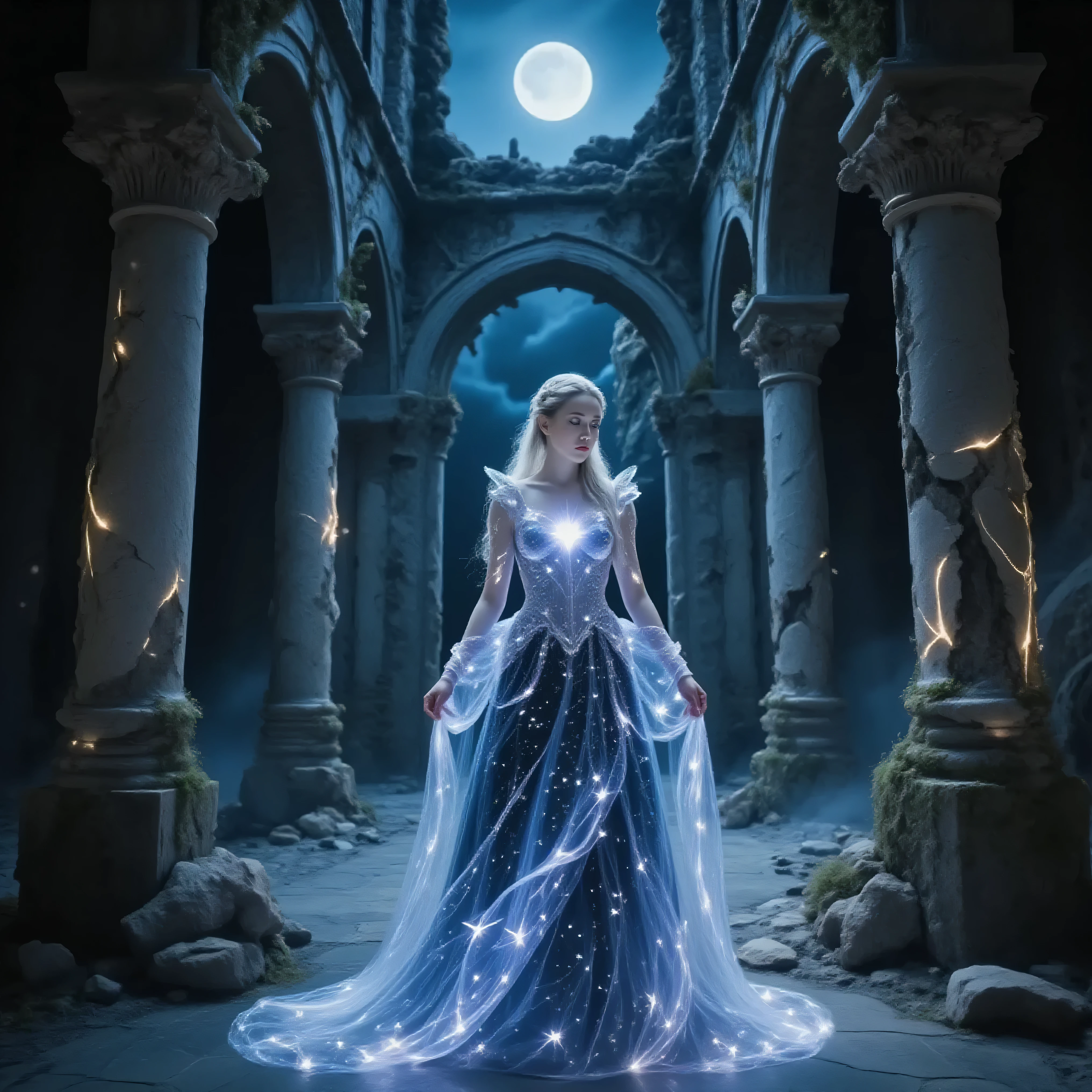 (Masterpiece, Realistic, Photorealistic: 1.2), 8K Ultra HD, RAW image, meticulous detail, ultra-high resolution, perfect structure, highest quality, detailed, soft focus,At the highest point of a once-glorious ruined castle,
a vast and weathered entrance hall stands open to the night.
Broken archways, moss-covered stone columns, and fractured marble floors whisper of an era long gone.
The cold night wind cuts through the gaps in the crumbling walls, creating a low, resonant hum throughout the structure.
At the center of this grand, decayed entrance stands a woman.
She is dressed in a gown woven from stardust, shimmering like a living constellation.
Tiny particles of light glimmer across the fabric like drifting meteor showers
Each movement sends a soft trail of falling star-dust floating behind her
The gown fades from deep midnight blue at the top to cosmic black at the hem,
forming a smooth, celestial gradient
Her dress features a luminous full moon across the bodice—
perfectly detailed with craters, ridges, and subtle shadows,
glowing gently as though she carries the real moon against her heart.
The soft moonlight she emits illuminates the stone floor and the surrounding ruined pillars, creating a sacred contrast between decay and ethereal beauty.
Behind her, through the fractured ceiling of the ruined entrance,
a massive full moon rises—
its silver light merging with the glow of her stardust gown.
The broken pillars cast long, dramatic shadows,
and her hair and gown sway with the night wind, scattering faint trails of shimmering light.
The camera approaches from behind,
capturing the reflections of moonlight scattered across the cracked stone tiles,
as though stars have fallen onto the ancient floor.
She steps forward slowly,
gazing out beyond the ruined parapets at the dark landscape spread beneath her.
A woman draped in stars and moonlight,
standing alone atop a forgotten kingdom—
a solemn and majestic movie scene blending ruin, night, and celestial brilliance.
