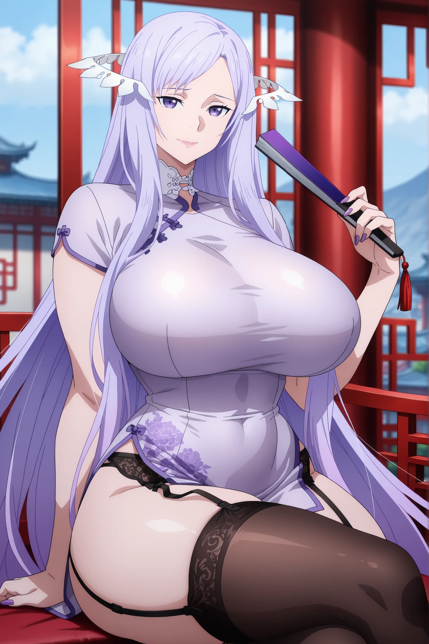 newest , masterpiece , anime screencap , anime coloring, best quality, quinella, 1girl, adult Mature female, long hair, purple nails claws, light purple hair, sidelocks, purple eyes, attractive face, strict attributes, ractical body shape, glamorous bodies, attractive bodies, fit bodies, motherly, large Curvy, Slutty, Neat, big breast, big hips, huge buttocks, thick thighs, Toned thighs, well-trained body, ((short dress , china dress , turtleneck , curvy, holding folding fan1, thighhighs,garter belt,garter straps,)), sad smile, Lips, view detailed body, (((Sexy,))), east asian architecture, city china, sitting , crossed legs , from front , dutch angle , (looking at viewer) , (cowboy shot) , living room , blurred background,