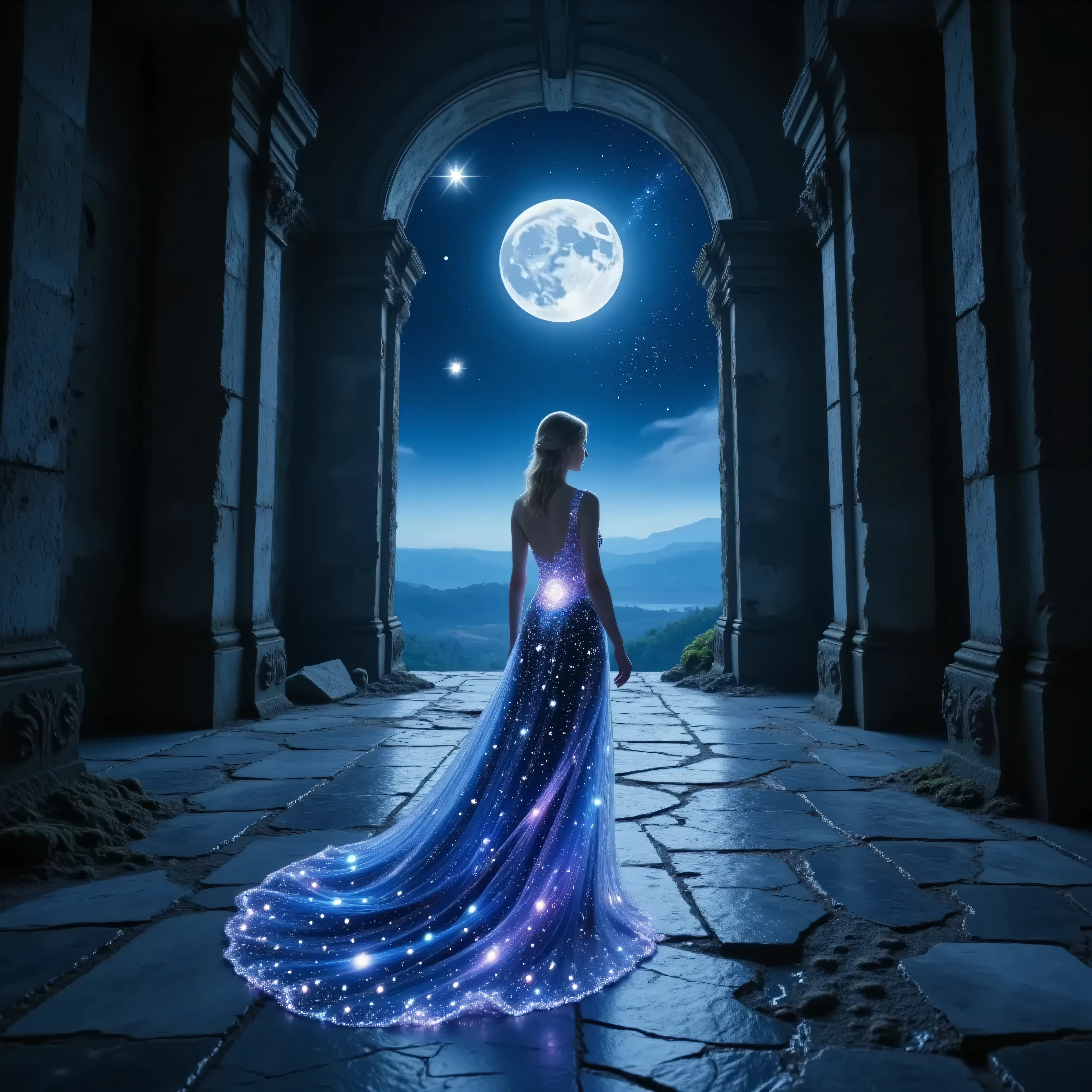 At the highest point of a once-glorious ruined castle,
a vast and weathered entrance hall stands open to the night.
Broken archways, moss-covered stone columns, and fractured marble floors whisper of an era long gone.
The cold night wind cuts through the gaps in the crumbling walls, creating a low, resonant hum throughout the structure.
At the center of this grand, decayed entrance stands a woman.
She is dressed in a gown woven from stardust, shimmering like a living constellation.
Tiny particles of light glimmer across the fabric like drifting meteor showers
Each movement sends a soft trail of falling star-dust floating behind her
The gown fades from deep midnight blue at the top to cosmic black at the hem,
forming a smooth, celestial gradient
Her dress features a luminous full moon across the bodice—
perfectly detailed with craters, ridges, and subtle shadows,
glowing gently as though she carries the real moon against her heart.
The soft moonlight she emits illuminates the stone floor and the surrounding ruined pillars, creating a sacred contrast between decay and ethereal beauty.
Behind her, through the fractured ceiling of the ruined entrance,
a massive full moon rises—
its silver light merging with the glow of her stardust gown.
The broken pillars cast long, dramatic shadows,
and her hair and gown sway with the night wind, scattering faint trails of shimmering light.
The camera approaches from behind,
capturing the reflections of moonlight scattered across the cracked stone tiles,
as though stars have fallen onto the ancient floor.
She steps forward slowly,
gazing out beyond the ruined parapets at the dark landscape spread beneath her.
A woman draped in stars and moonlight,
standing alone atop a forgotten kingdom—
a solemn and majestic movie scene blending ruin, night, and celestial brilliance.