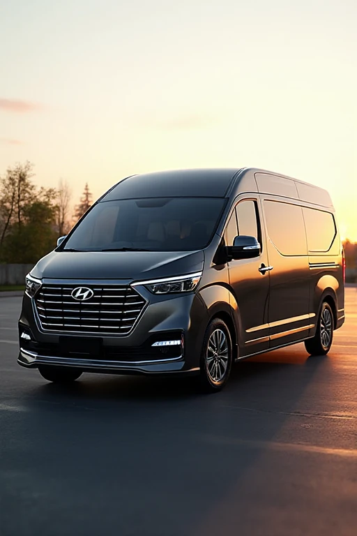 “Luxury Hyundai-Staria inspired van, front-left 45° angle, long extended body, tinted windows, chrome grill, premium alloy wheels, ultra-realistic render, outdoor parking, soft sunrise lighting, high detail.”