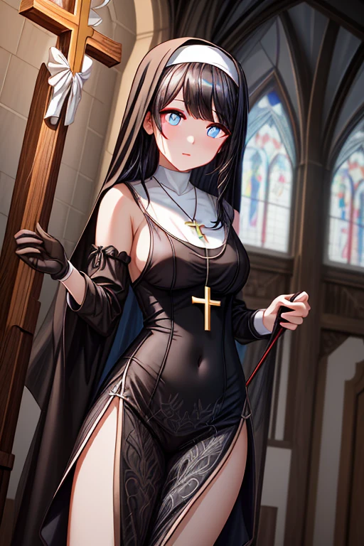 Masterpiece, top quality, best quality, official art, beautiful and aesthetic, anime, 1girl,extremely detailed, colorful, more detailed ((ultra-detailed)), (highly detailed CG illustration),Best Quality, High resolution, Unity 8k Wallpaper, (Illustration:0.8),extra detailed face,deteiled eyes,sharp, Perfect Lighting, extremely details CG, (Perfect hands, Perfect ???????), church, benches, icons, candles, dark light, crosses, 1girl, nun,long white hair,big green eyes,long robe,small ??????,skinny fit,skirt,long legs,stockings,stocking suspenders,thighs,heels,in middle,looking in camera,front shot.