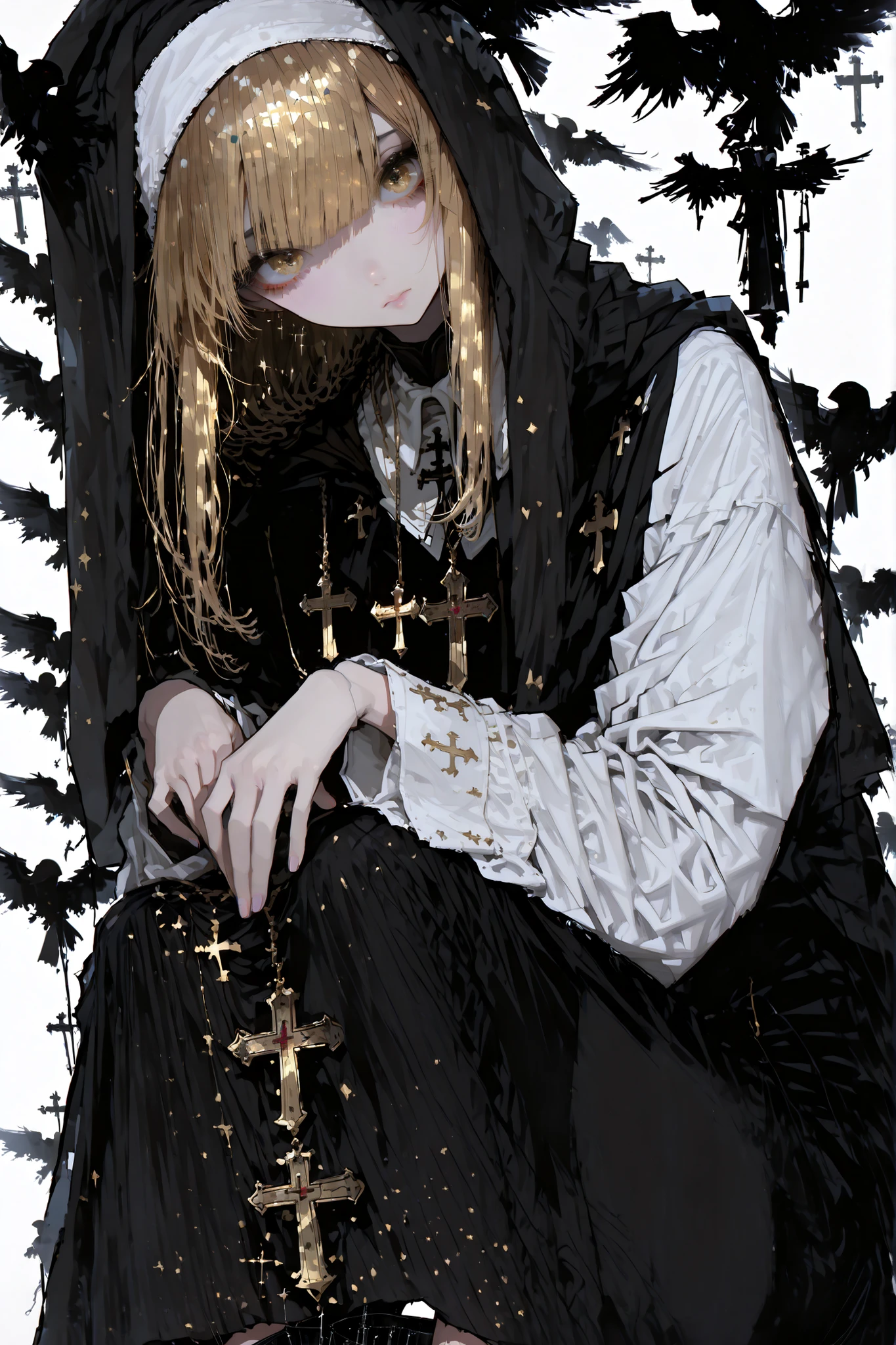 darkness falls girl, ((solo)), (masterpiece, detailed:1.2), cute, beautiful gold-hair, Straight short hair, trimed bangs, beautiful eyes, jeweled eyes, looking viewer, sloping shoulders, (kneeing), ((short cloak)), short cloak covered upper body, black nun outfit, (soft fabric:1.4), sheer sleeves, relaxed silhouette, fantasy, shimmering atmosphere, cinematic rim lighting, SFW, nun, black long wrinkled skirt, ((long skirt)),