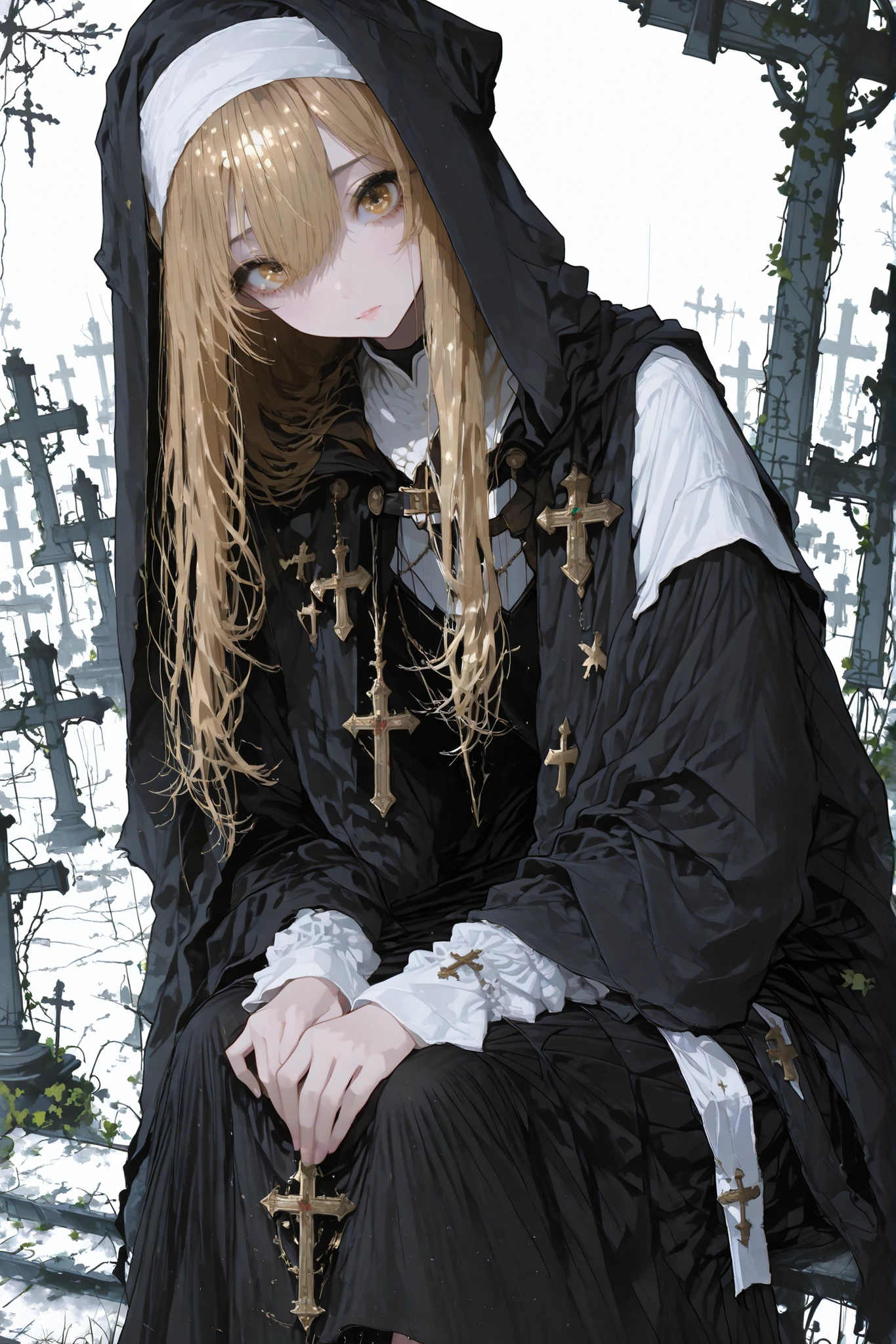 darkness falls girl, ((solo)), (masterpiece, detailed:1.2), cute, beautiful gold-hair, long hair, beautiful eyes, jeweled eyes, looking viewer, sloping shoulders, (kneeing), ((short cloak)), short cloak covered upper body, centered composition, (Thin and soft loose clothing:1.3), black nun outfit, (tattered costume:1.２), (soft fabric:1.4), sheer sleeves, relaxed silhouette, fantasy, shimmering atmosphere, cinematic rim lighting, SFW, nun armor, black long wrinkled skirt, ((long skirt)), graveyard background,