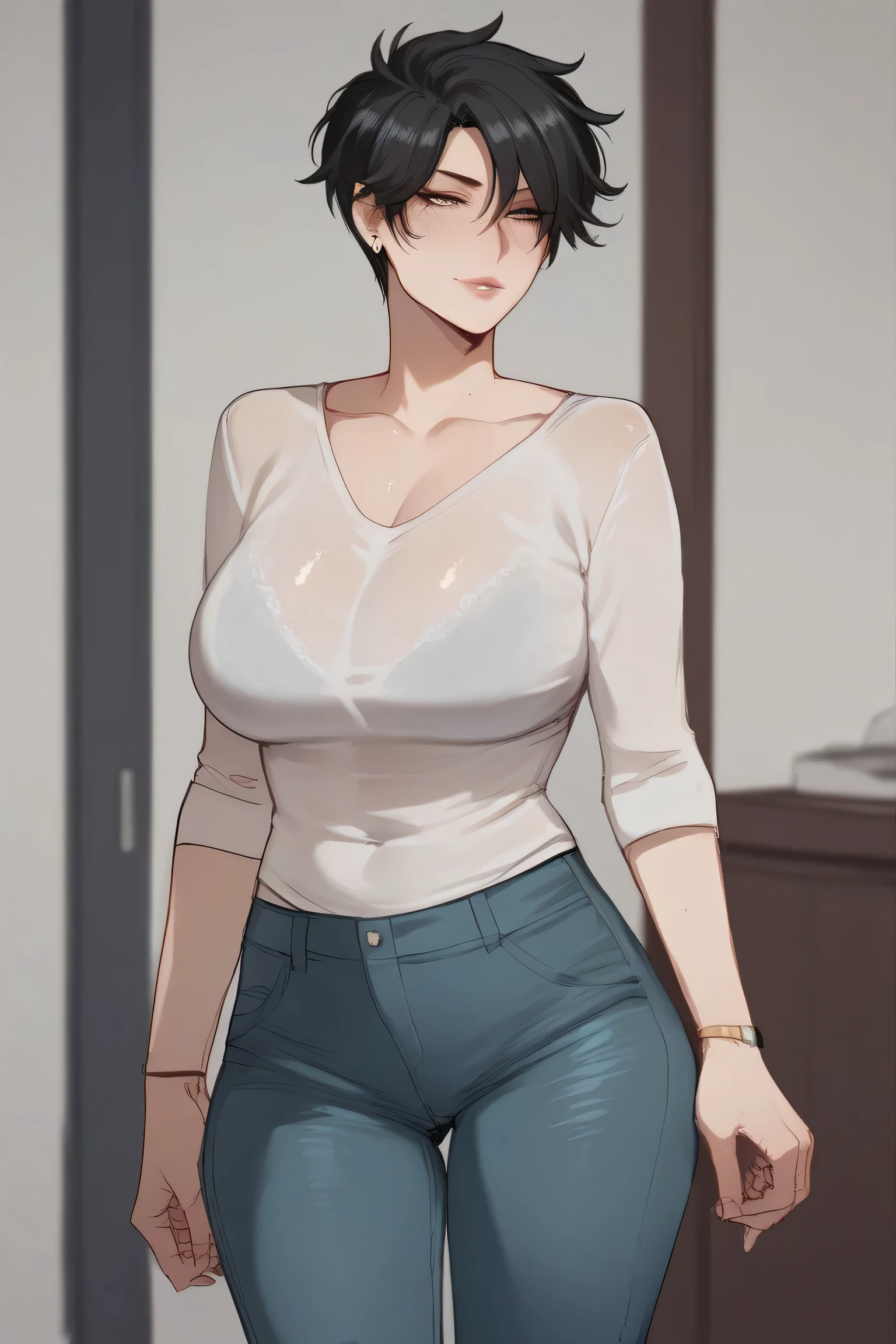  tomboy, aunt , mature woman , milf , Black hair , jeans , 