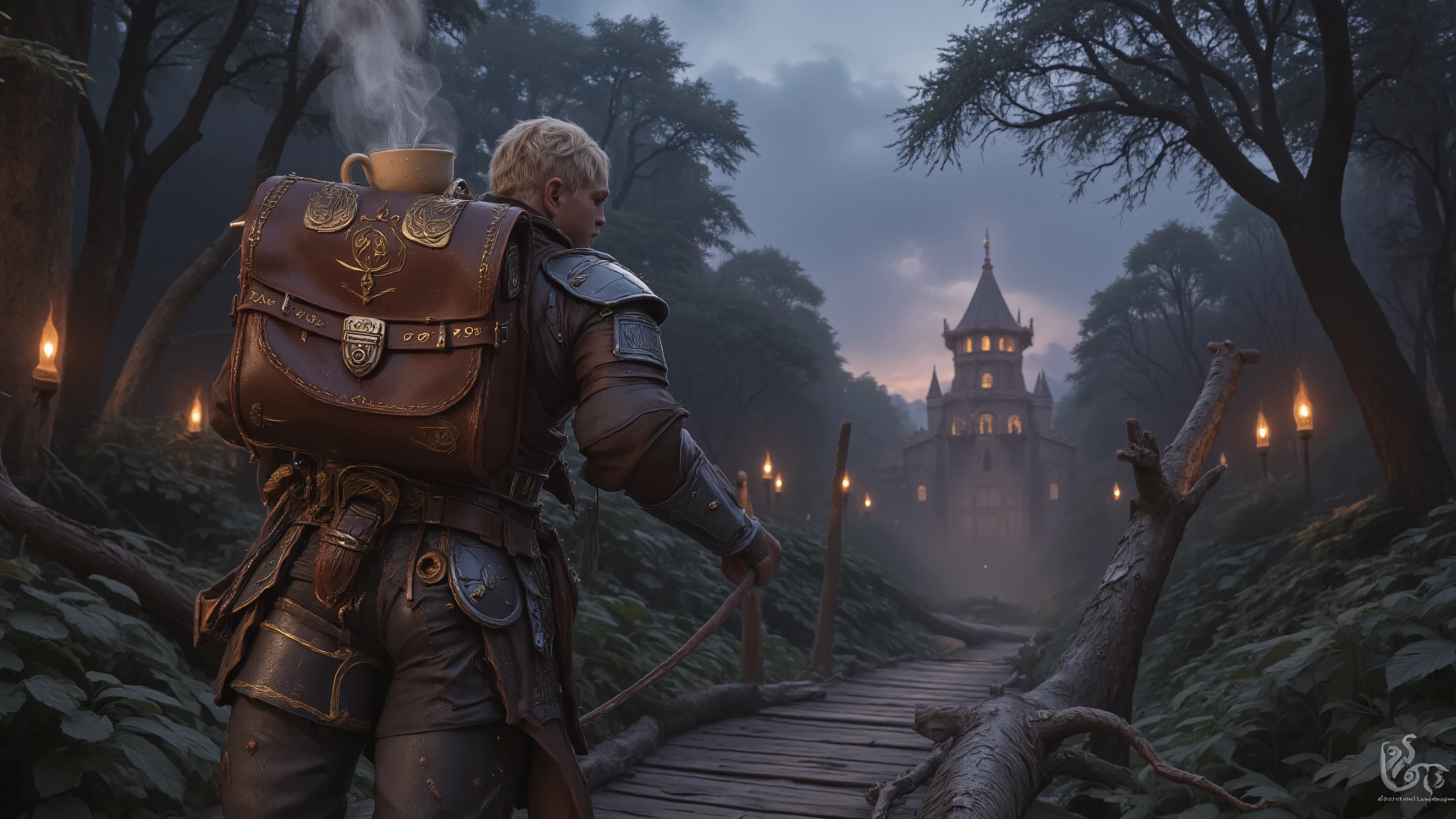 Fantasy coffee courier traversing a dangerous enchanted forest at twilight, mystical leather satchel with arcane locks containing a perfectly preserved cup of coffee emitting wisps of aromatic steam, courier wearing half-plate armor adorned with guild insignia and magical runes that shimmer in the dark, guided by a hovering fairy light companion, ancient trees with faces watching his passage, stepping carefully across a fallen log bridge over bioluminescent water, destination visible in distance—a wizard's tower with windows glowing with warm light, forest creatures pausing to observe the sacred coffee journey, photorealistic, atmospheric lighting, volumetric god rays, UHD, 32k detail, ray tracing, masterpiece