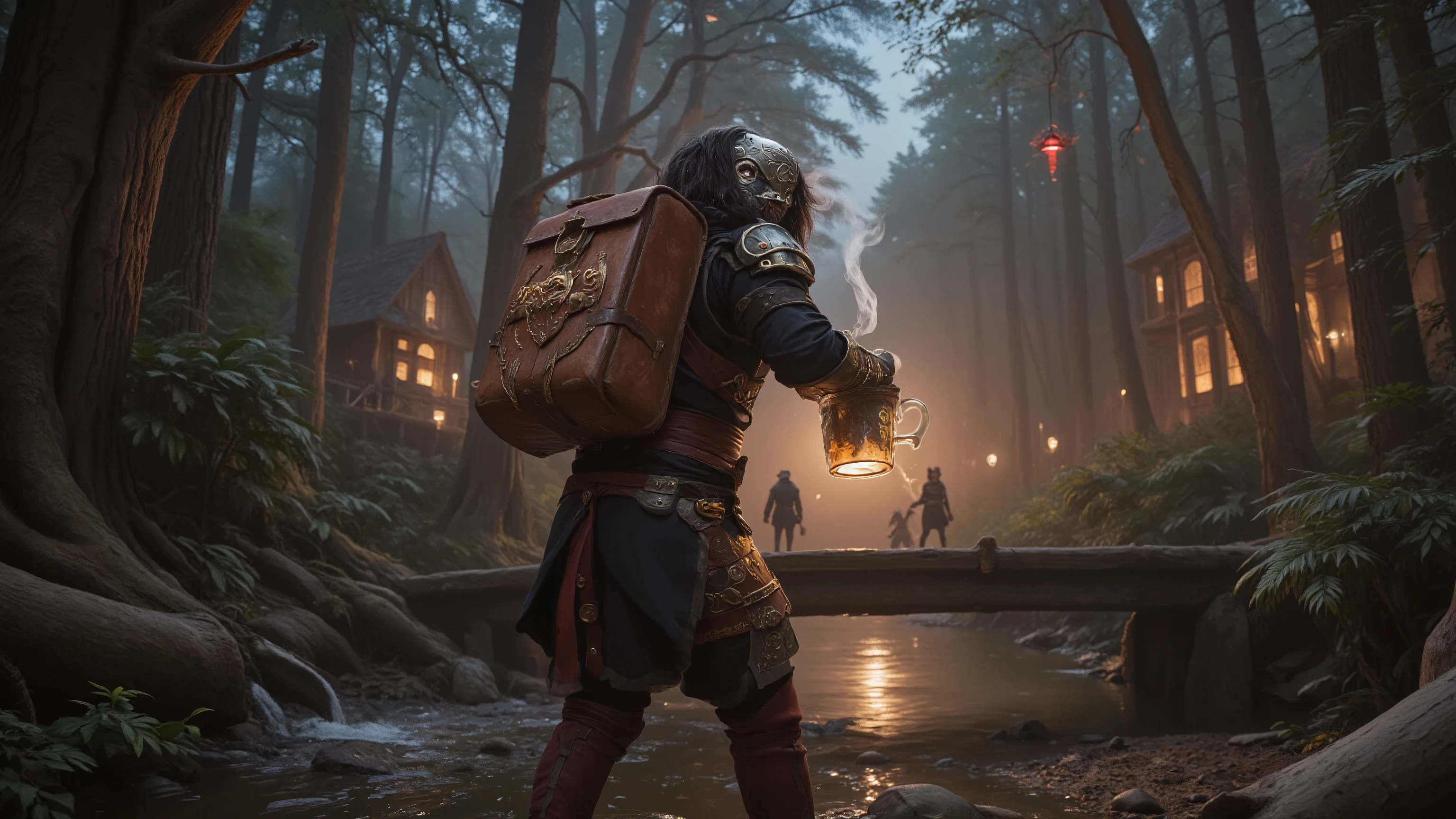Fantasy coffee courier traversing a dangerous enchanted forest at twilight, mystical leather satchel with arcane locks containing a perfectly preserved cup of coffee emitting wisps of aromatic steam, courier wearing half-plate armor adorned with guild insignia and magical runes that shimmer in the dark, guided by a hovering fairy light companion, ancient trees with faces watching his passage, stepping carefully across a fallen log bridge over bioluminescent water, destination visible in distance—a wizard's tower with windows glowing with warm light, forest creatures pausing to observe the sacred coffee journey, photorealistic, atmospheric lighting, volumetric god rays, UHD, 32k detail, ray tracing, masterpiece