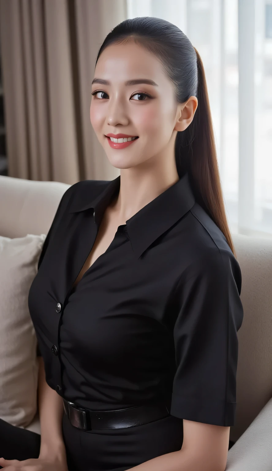 an adult woman, sitting on the living room sofa, body facing the camera, POV from front of body, smiling face looking at the camera, wear a black formal shirt, kemeja satin, kemeja ketat, kemeja lengan 3/4, rok pensil pendek hitam, rok ketat, rambut ponytail rendah, rambut hitam, dada besar, lipstik merah tua