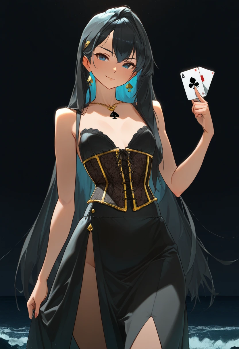 Beautiful female magician, 16 years old, Playing Cards, Long hair in a ponytail, smooth, smile brightly, wear glasses, Wear a small top hat., wearing a black bunny costume, Wear a long-tailed tuxedo., Wear black stockings., There are cards flying everywhere.,