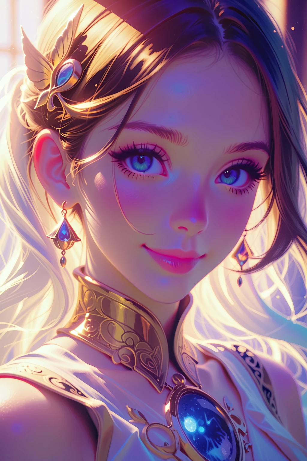 (Best quality,ultra detailed,Photorealistic:1.37),bright and rich colors,studio lighting,playful  expression,stylish makeup,Flemish,hair fluttering in the wind,inviting eyes,glossy lips, pose, I smile confidently and seductively,posing for a professional photo shoot,shallow depth of field,highlighting the main subject,soft natural light,Creating a dreamy and magical atmosphere.