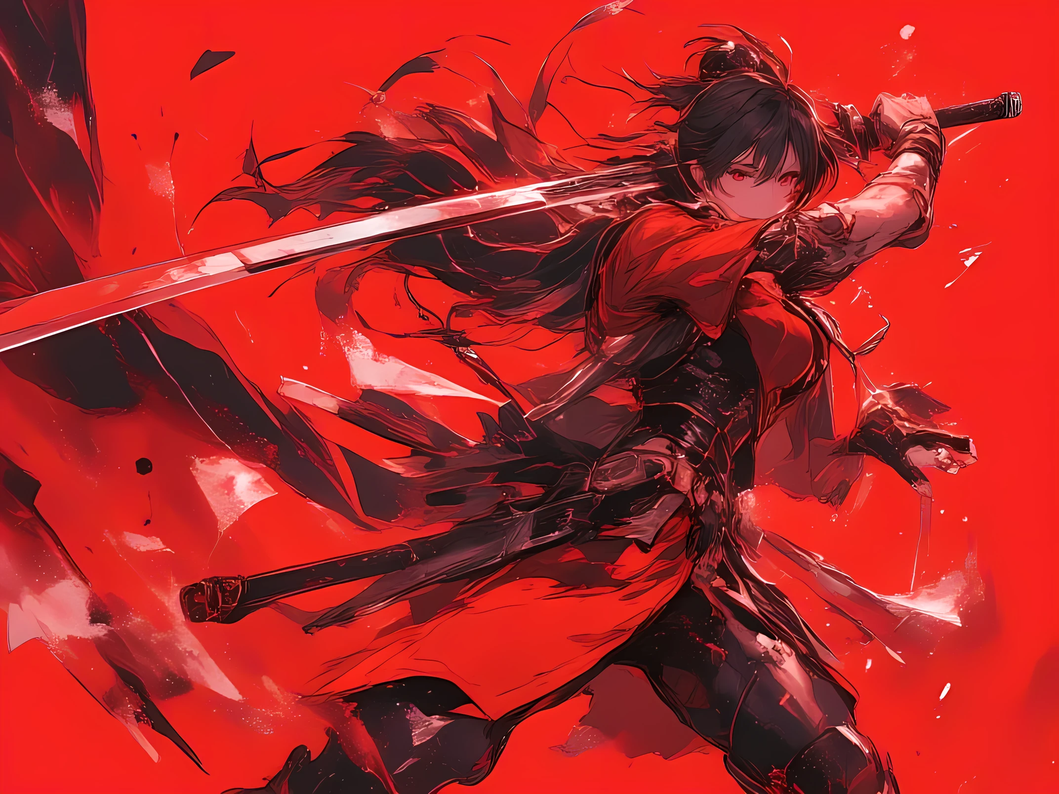 red、red、red、redい背景に水墨画で描く、redい線画、High Quality、high image quality、Osmudging Outline、流れるredの表現、female adventurer wielding a super huge sword、dynamic depiction、precise depiction、redとredの濃淡で表現、Accurate body structure
