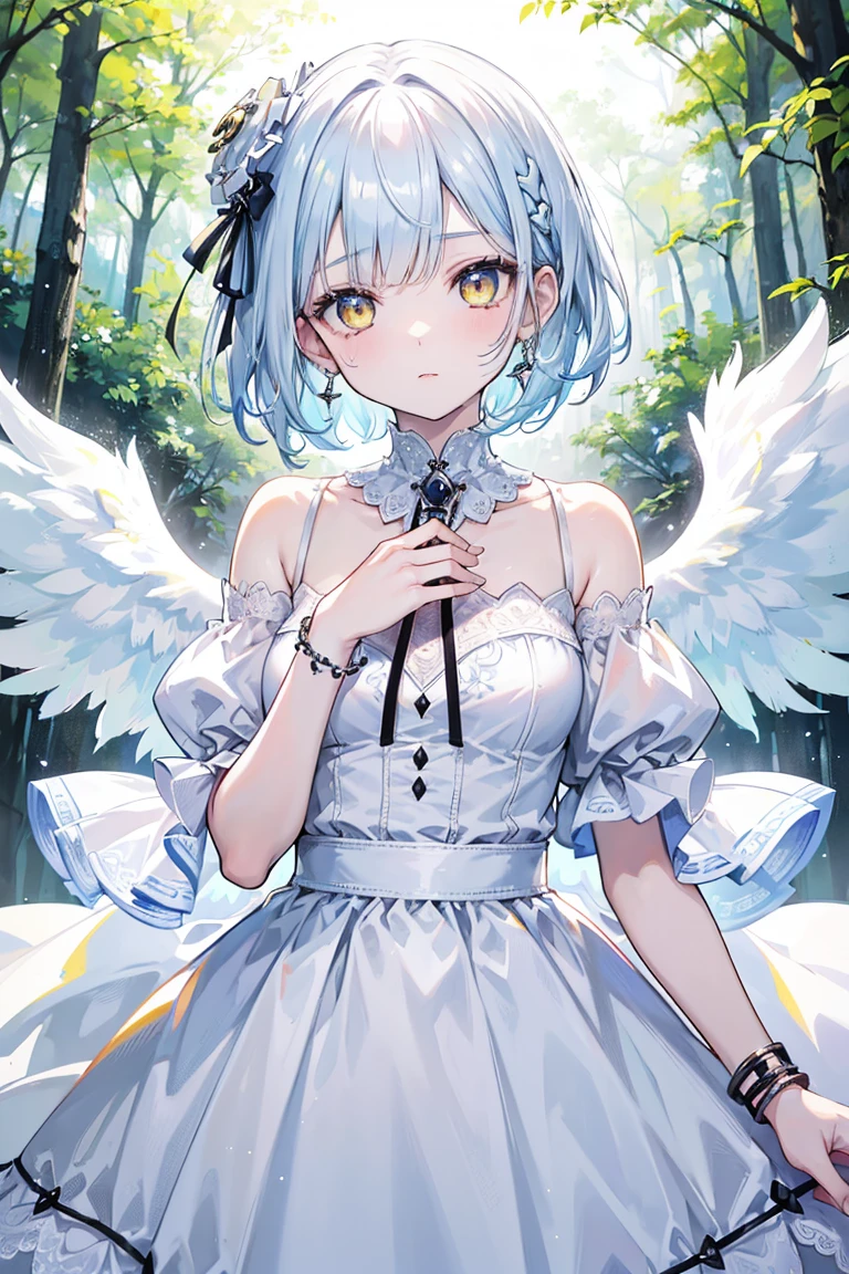 masterpiece、Highest quality、Beautiful expression、Absurd、Extraordinary World、Beauty、solo、Idol、(Cowboy Shot、Light blue ruffle lace long dress、white collar、White Ruffled Cuff、particle:1.5)、(bloom、Shine:1.4)、(Laughter)、(Short white hair、blue eyes:1.7)、Sharp focus、Photorealistic、High resolution、Most detailed、Very detailed、Detailed face and eyes、Sharp pupils、Realistic student、Sharp focus、 Shiny skin、Black Corset、Black pantyhose、(Dark Forest、moon、Dark Background:1.5)、Rim Light、dynamic, Cinema Lighting