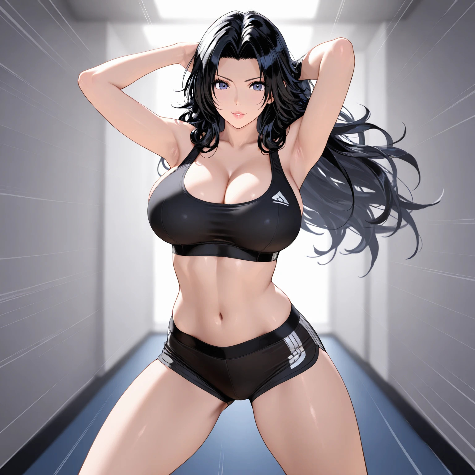 A beautiful adult woman with shoulder-length big breasts, beautiful legs, and a sharp face is standing on a train seducing a middle-aged man in a suit wearing a black tube top that exposes her navel and hot pants shaped like black panties. Masu。