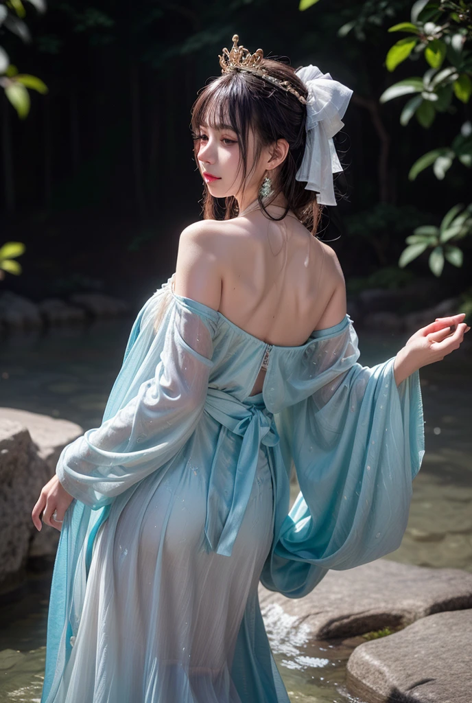 ((4k,masterpiece,best quality)), shuimobysim, traditional chinese ink painting, lotus,  hanfu, maxiskit, dress conservatively
1girl, solo, long blue hair, smile, standing, feet in the water, barefoot,
 