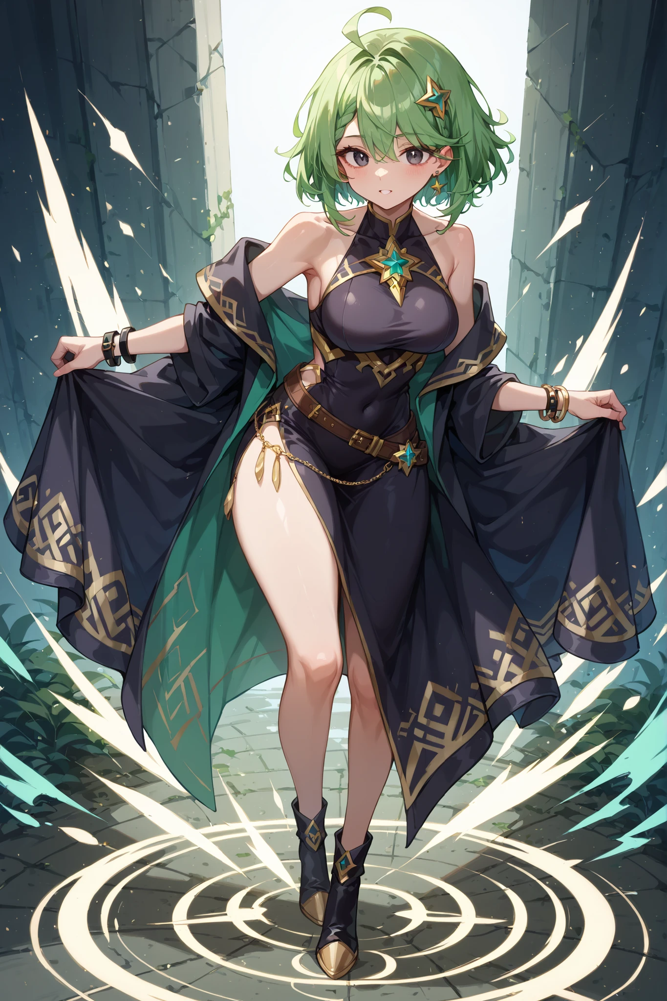 Bird's-eye view、full body, in detail、top quality、Girl with short green hair、perfect the shape of a girl's hand、Five fingers、The girl is 25 years old 、dark eyes、Black Mage、Black Robe、sleeveless、black bracelet、Gold Ornament、tiwst torso、A lot of stars are shining in the background、Massive Attack Magic、kirakira