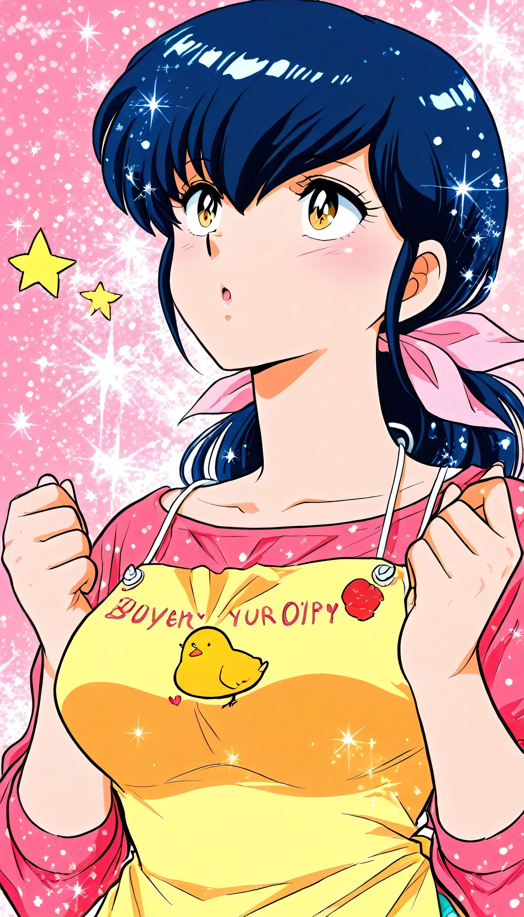 ((sparkle effect tone with star-shaped highlights, glitter dots, and radiant overlays
)),(beautiful girl:1.3),masterpiece,Ultra-high resolution,rich contrast,Very high quality,8k,Highly detailed CG unit wallpaper,Texture,Incredibly absurd,RAW Photos,anime-style illustration,studio anime style,professional photograph,an extremely delicate and beautiful,Depth of written boundary1.2,otonashi,yellow apron,Shabby wooden apartment,Looking up,Moist eyes,anxiety,(close up:1.3),(tilt your head),Open your mouth wide,(Her hair is tied up in a ponytail at the back, with a ribbon attached.),big breasts,almost black blue hair,low ponytail,"PIYO PIYO" text on apron,Yellow chick in an apron,lively,happy,((w arms))