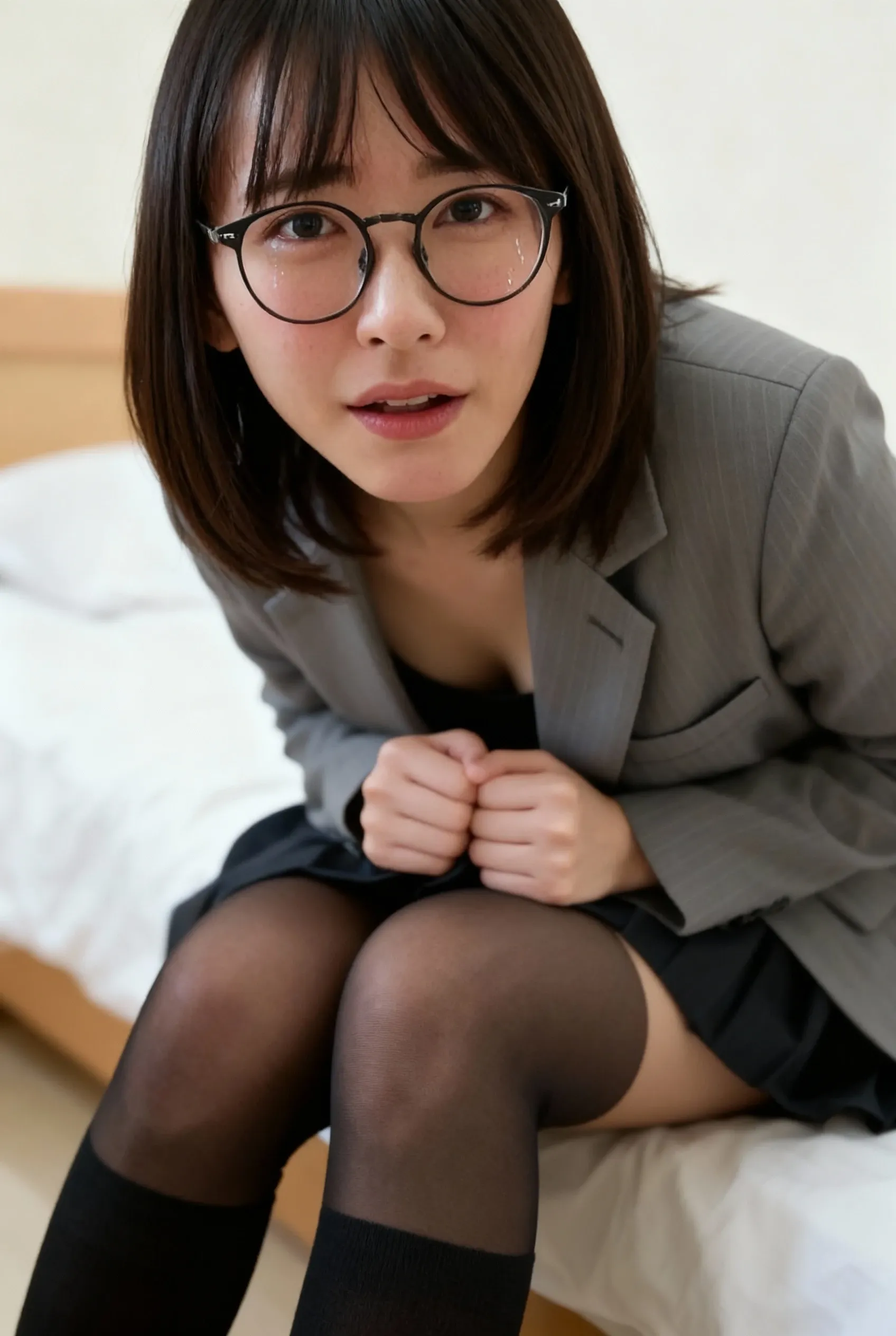 8k, RAW Portrait (Japanese women),masterpiece、Photorealistic:1.2、Realistic, Ultra-high resolution, highest quality, Real Life Photos ,( in the evening :1.1),
((((1 female:1.5))))、Japanese women,((office lady))、((suit:1.6))、 Short Hairstyles,Slender body,At work'locker room、Sleep alone'Came back、
、Brown Hair,(Written boundary depth:1.3)、 ((Dark brown eyes:1.2))、(Real skin texture:1.3)、(Immersive atmosphere:1.2、Chiaroscuro:1.2) 、(Look Viewer:1.4)、((Embarrassed look:1.4))、((Red cheeks:1.3))、((From belowの天井:1.35))、(smile:0.9)、((wear very small panties))、((????? shot))、((A woman rolling up her skirt))、((From below:1.45))、((?????? close-up:1.58))、((Photo highlighting panties))、the most 美しい woman in the world、((Spread your legs out to the side:1.4))、