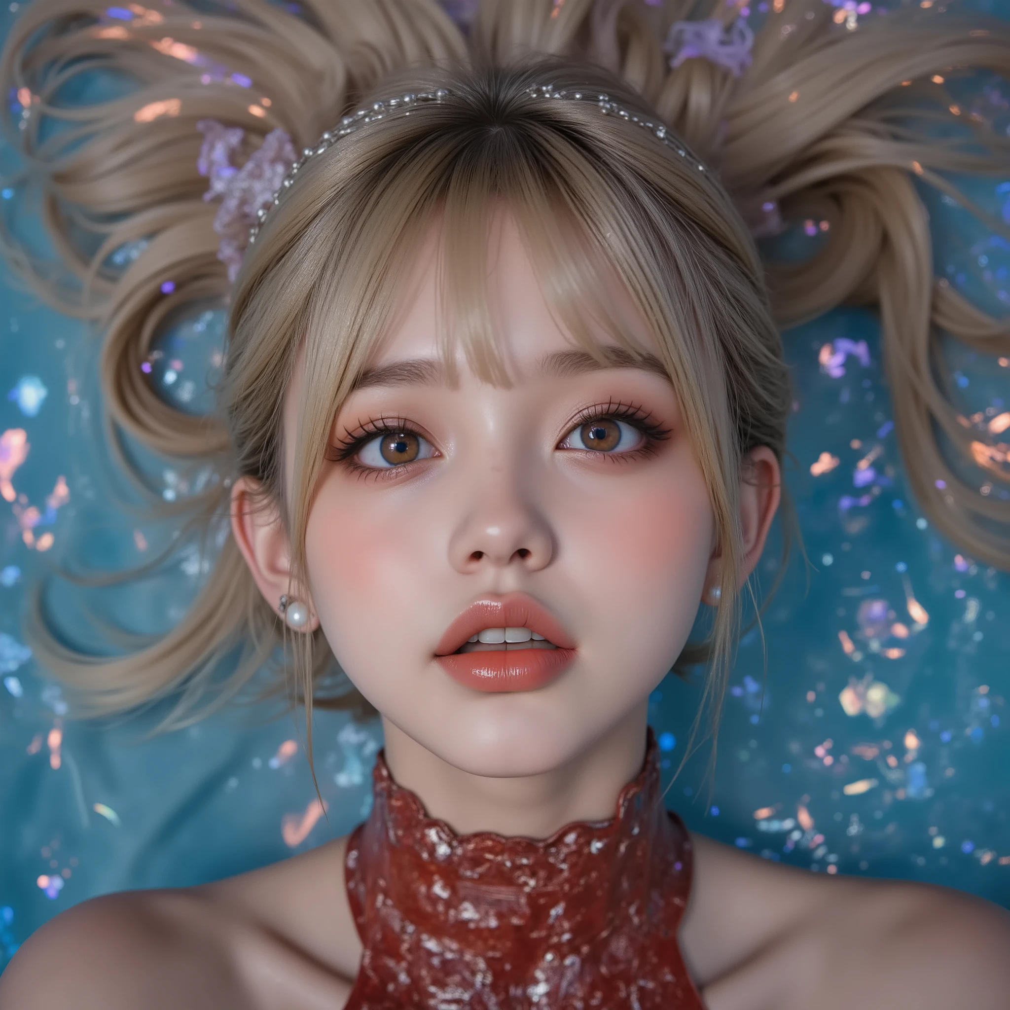 (Wide Lens effect), masterpiece of HDR airial action photo, LifeLike Live-Action of Extremely Detailed a face close-up of Astonishing princesses from Directly Above with SuperWide lens, Roundly buttocks, barefoot, open arms, Floating in a Infinity pool edge on the roof of Skyscraper, at Golden hour to Dusk, intricate lighting effects with light particles, (((many colorfull Lights dazzling bokeh))), { Childish | Overflowing Gigantic Sideboob | Shapely Nudie buttocks } . (((NOGIZAKA))) Extremely Detailed very KAWAII face variations, captivating gaze, Delicate reflective eyes, Talking open Lips with beautiful details, Coquettish KissableTongue, Rosy cheeks, Transparent albino skin tone. { pleasure in agony | Ecstasy | :D | screaming | Perplexed }, Mystic sight, { Full of flowers | Red leather high collar with chains | Red ribbon | Tiny Coronet | Pearl earrings | Platinum Hair | chignon }, Anatomically correct whole body and all limbs, Pasties, Super-Detailed Rich Textures, Looking down composition, bird's-eye view, Closeup of upward glance from Directly Above, She tilts her head back and looks up at you, Ultra-Fine Crystal-clear picture