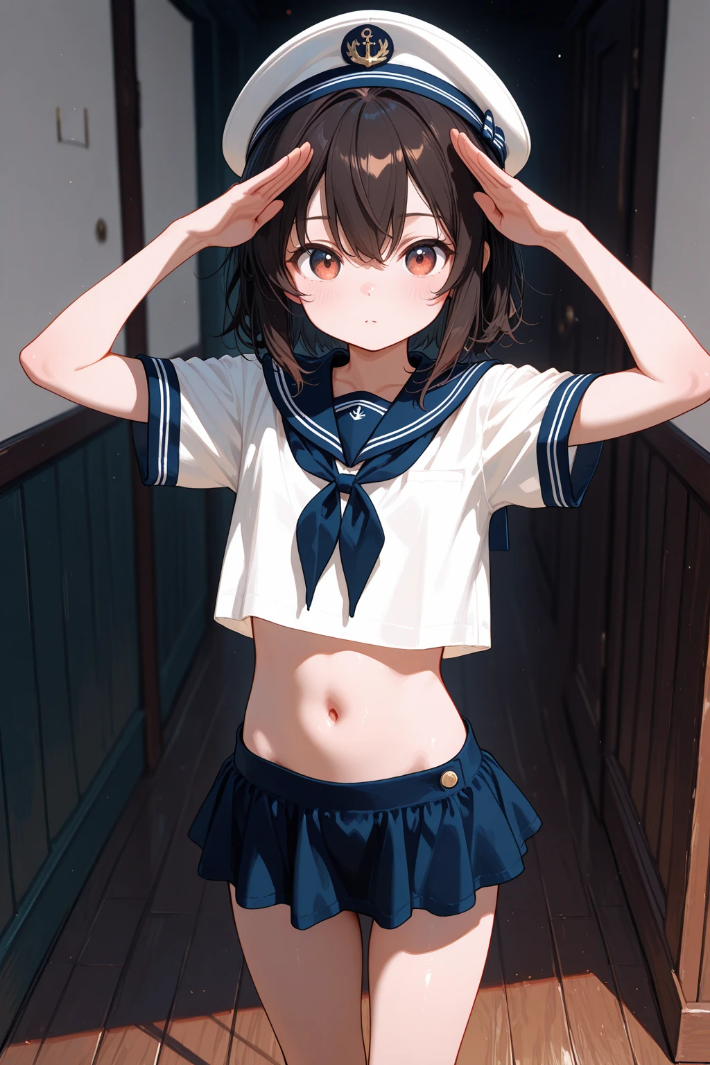 (Tabletop, expensively detailed 8K CG, Sharp lines, Highest quality, Realistic), 1 Girl, alone, expensive , Light white shirt, Navy blue : 1.5, slim, (Shiny skin, sweating: 1.4), colorful, Ridiculous, Watch Viewer, Long double ponytail, Black Hair, Brown eyes, Dynamic light and shadow, expensive resolution, Sharp focus, Depth of written boundary, Fine grain, Sharp pupils, Realistic pupils, Small breasts:, (Thin thighs: 1.1), plein air, Sky , White socks, White ribbon hair ornament, stand, Skirt flip, White ,