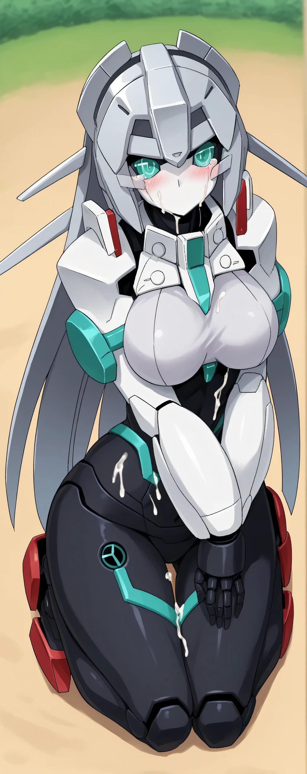 1 humanoid robot girl,giant mecha girl,adult,shiny skin,masterpiece,High Quality, very well detailed,GUNDAM BUILD DIVERS Re:RISE - May(メイ),score_9, score_8_up, score_7_up, score_6_up, score_5_up, score_4_up, BREAK source_anime,
<lora:May_PONY:1>,humanoid robot,inorganic face, robot face,no eyebrows,no eyelids,no mouth,grey metal hair,mobile doll may, solo, robot, mecha, no humans,grey hair,glowing eyes,aqua eyes, long hair,covered navel,robot joints,humanoid,big breast,perfect bust,curvy body,black stomach,black legs,kneeling forward on the ground,blushing,1 eyed closed,tears,crying,looks sad,cum on body,cum on face,full body shot,front view,looking at viewer,full body view