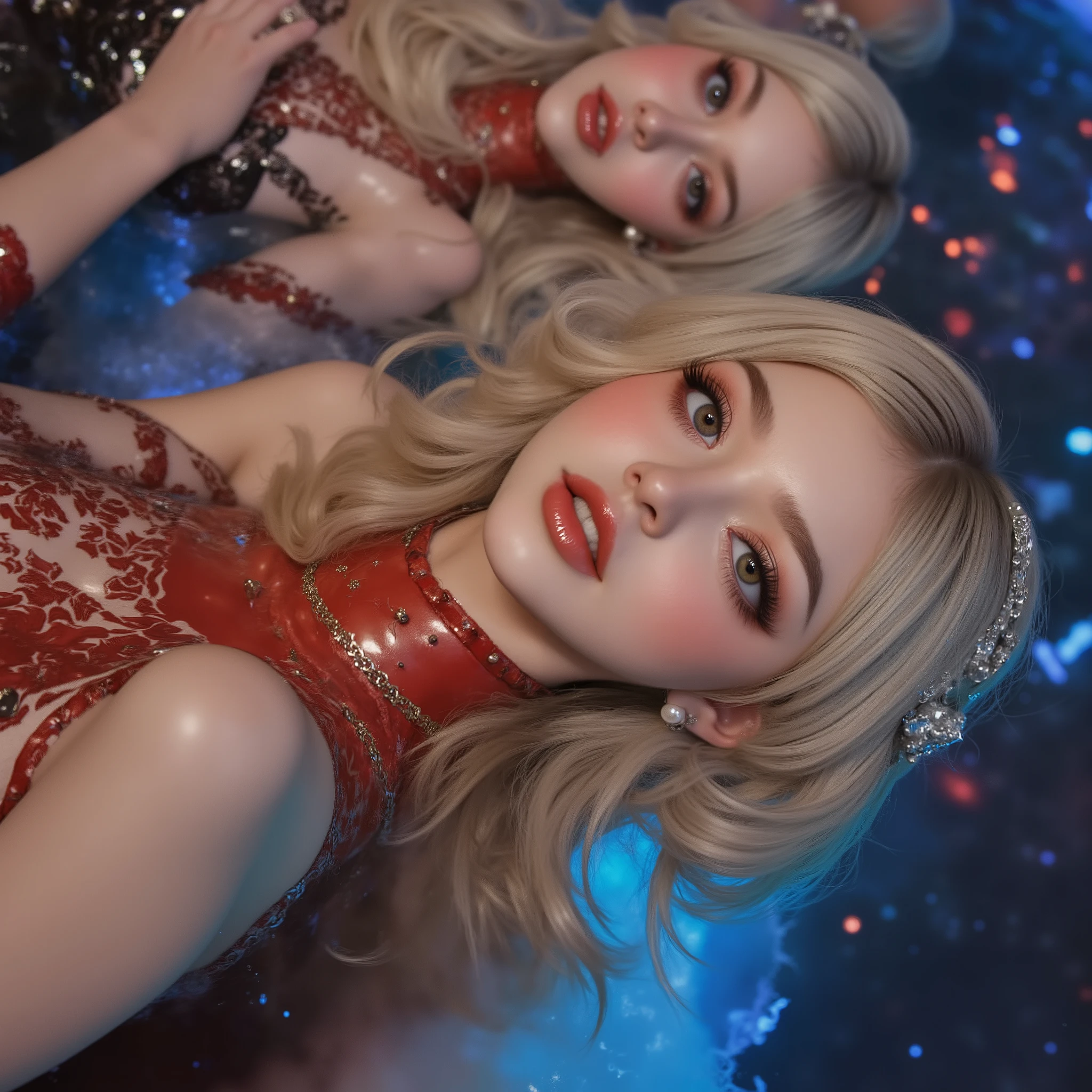 (Wide Lens effect), masterpiece of HDR airial action photo, LifeLike Live-Action of Extremely Detailed a face close-up of numerous Astonishing princesses from Directly Above with SuperWide lens, Roundly buttocks, open arms, Floating in a Infinity pool edge on the roof of Skyscraper, at Golden hour to Dusk, intricate lighting effects with light particles, (((many colorfull Lights dazzling bokeh))), { Childish | Overflowing Gigantic Sideboob | Shapely Nudie buttocks } . (((NOGIZAKA))) Extremely Detailed very KAWAII face variations, captivating gaze, Delicate reflective eyes, Talking open Lips with beautiful details, Coquettish KissableTongue, Rosy cheeks, Transparent albino skin tone. { pleasure in agony | Ecstasy | :D | screaming | Perplexed }, Mystic sight, { Full of flowers | Red leather high collar with chains | Red ribbon | Tiny Coronet | Pearl earrings | Platinum Hair | chignon }, Anatomically correct whole body and all limbs, Corrected Leg to Foot Line, Pasties, Super-Detailed Rich Textures, Looking down composition, bird's-eye view, Closeup of upward glance from Directly Above, She tilts her head back and looks up at you, Ultra-Fine Crystal-clear picture