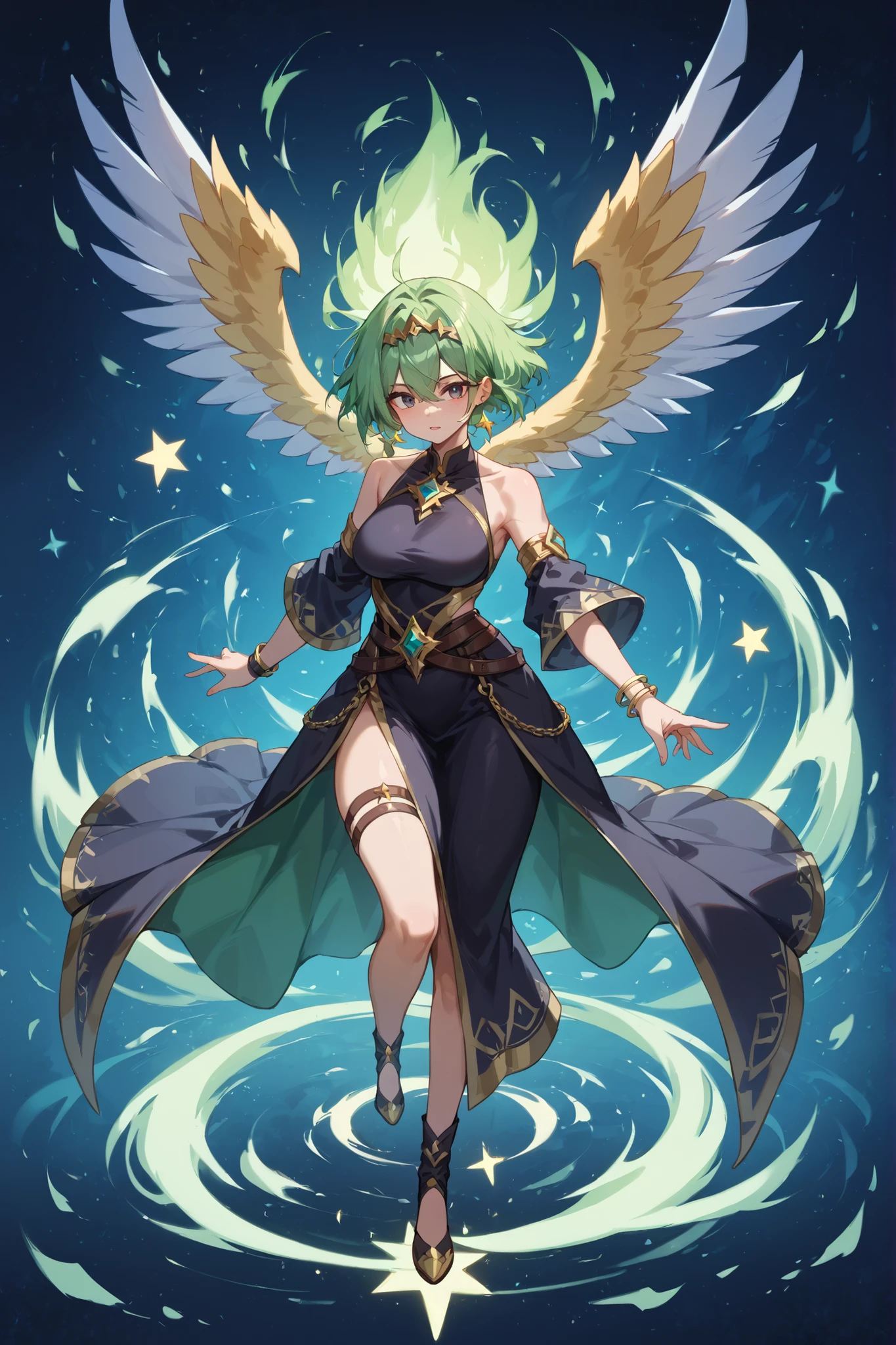 Bird's-eye view、full body, in detail、top quality、Girl with short green hair、perfect the shape of a girl's hand、Five fingers、The girl is 25 years old 、dark eyes、Black Mage、Black Robe、sleeveless、black bracelet、Gold Ornament、tiwst torso、A lot of stars are shining in the background、The girl gives off an aura of magic、Massive Attack Magic、kirakira